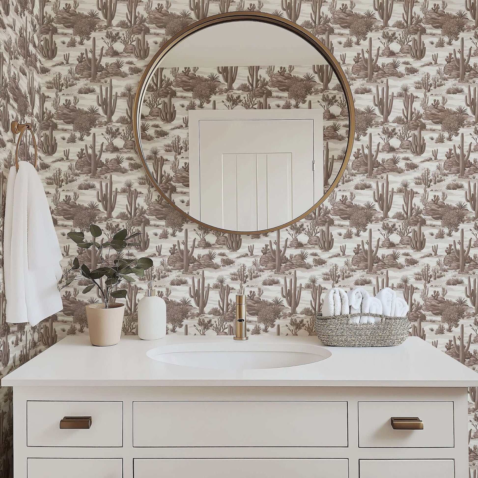 Bathroom with Desert Toile Elegance II Wallpaper featuring cacti in sepia tones, styled with modern decor. Keywords: toile, wallpaper.