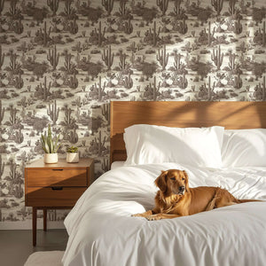 Elegant bedroom with Desert Toile Elegance II wallpaper featuring detailed cacti illustrations, creating a sophisticated landscape look.