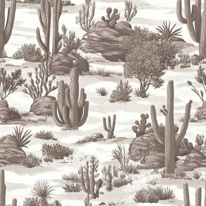 Elegant French toile wallpaper featuring detailed desert landscape with cacti, perfect for modern and rustic interior design themes.