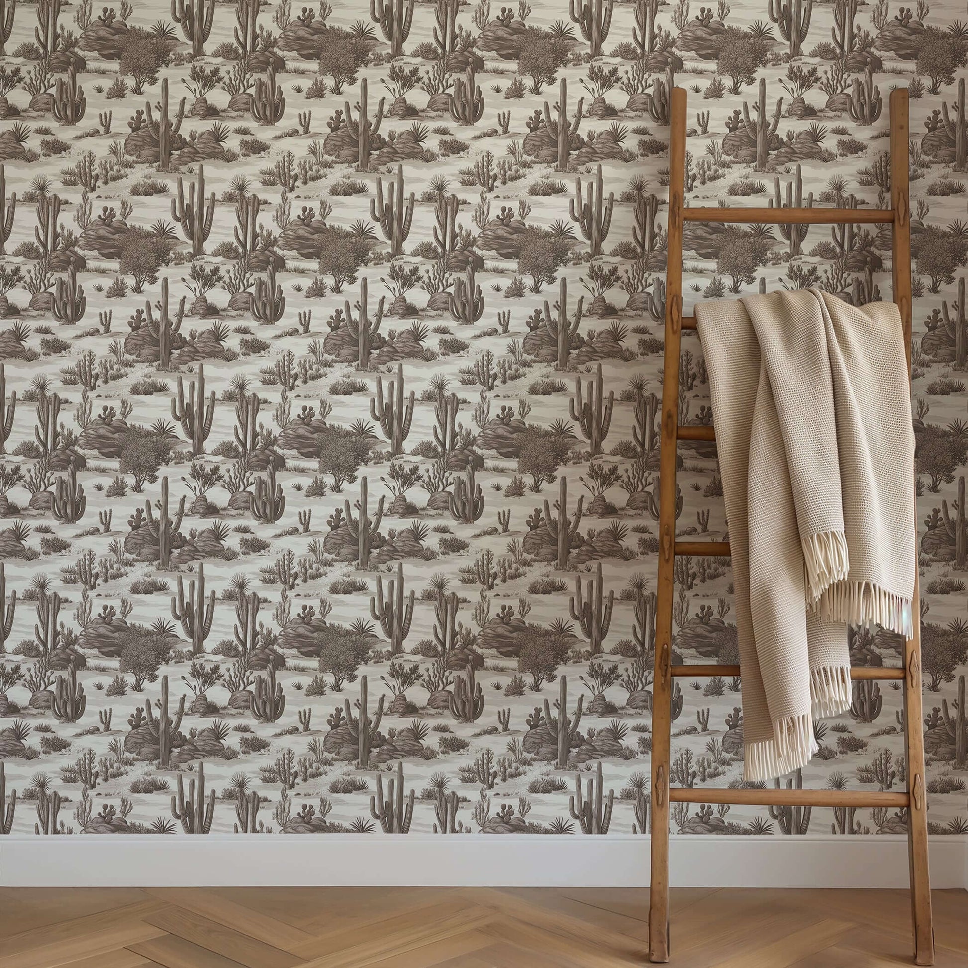 Desert Toile Elegance II Wallpaper featuring sepia desert plants in a French toile pattern, ideal for modern or Southwestern decor.