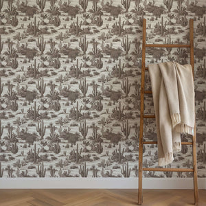 Desert Toile Elegance II Wallpaper featuring sepia desert plants in a French toile pattern, ideal for modern or Southwestern decor.