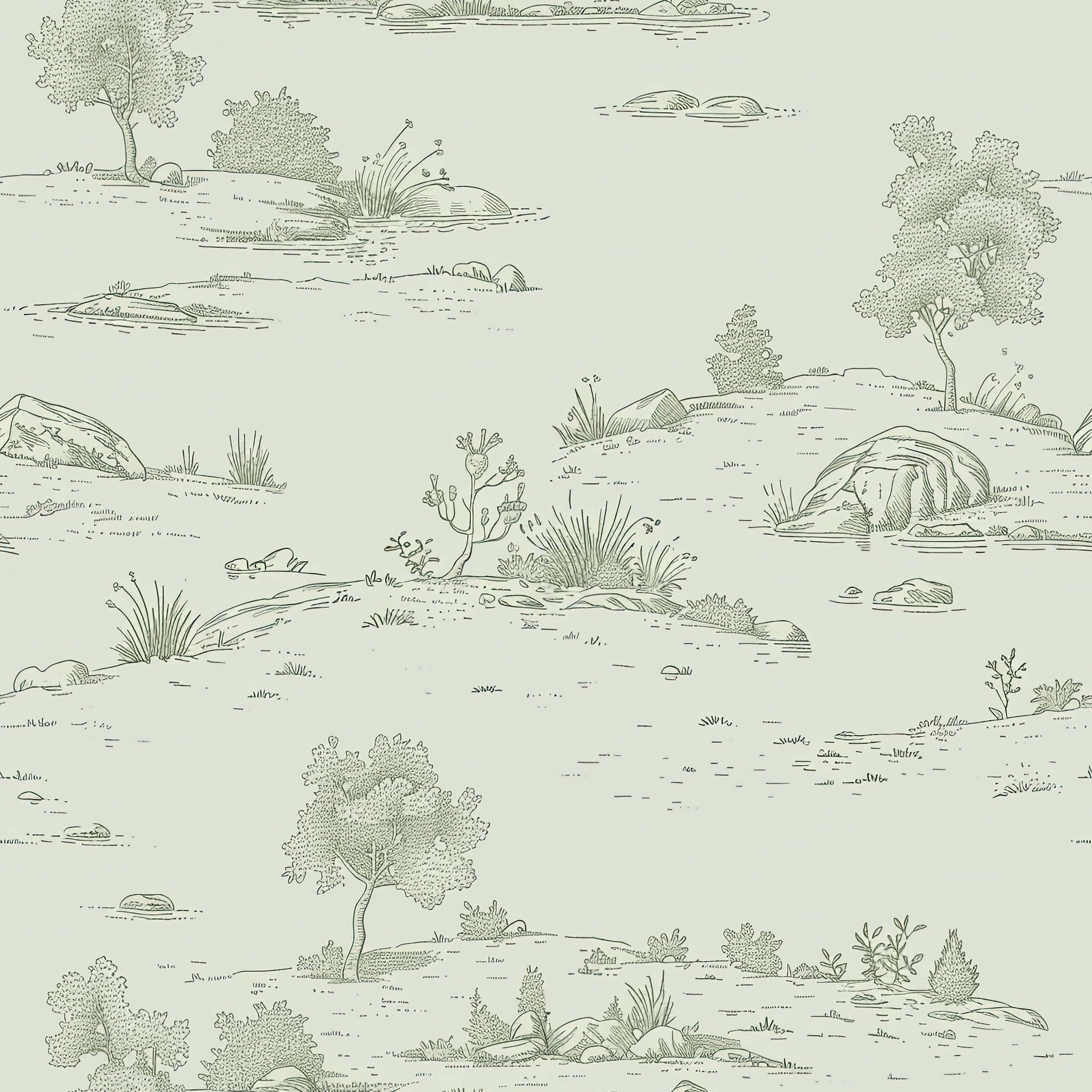"Lush Pastoral Toile" Wallpaper featuring French toile landscape with green tones, trees, and shrubs. Ideal for vintage-inspired decor."