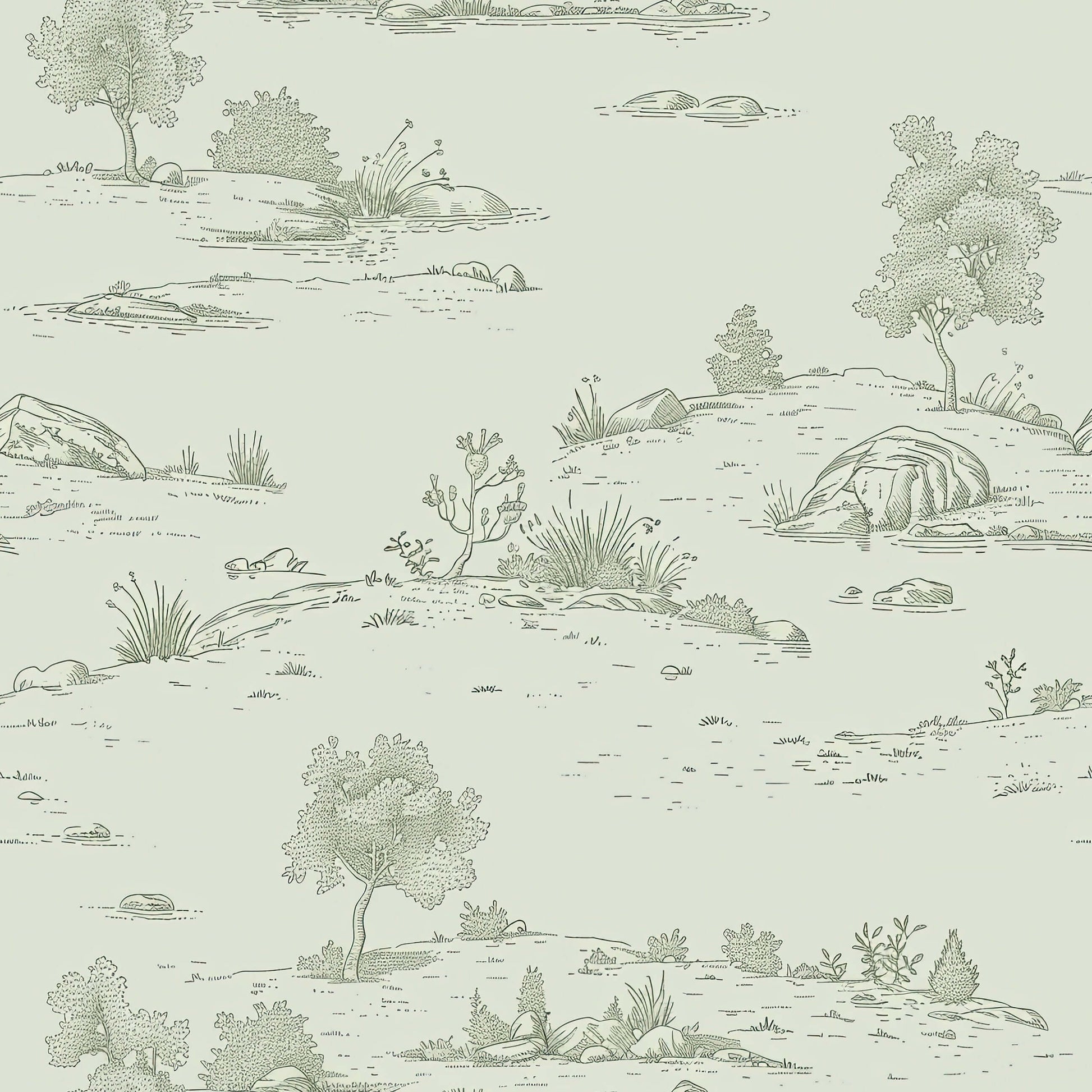 "Lush Pastoral Toile" Wallpaper featuring French toile landscape with green tones, trees, and shrubs. Ideal for vintage-inspired decor."