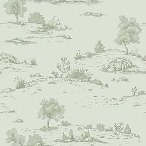 "Lush Pastoral Toile" Wallpaper featuring French toile landscape with green tones, trees, and shrubs. Ideal for vintage-inspired decor."