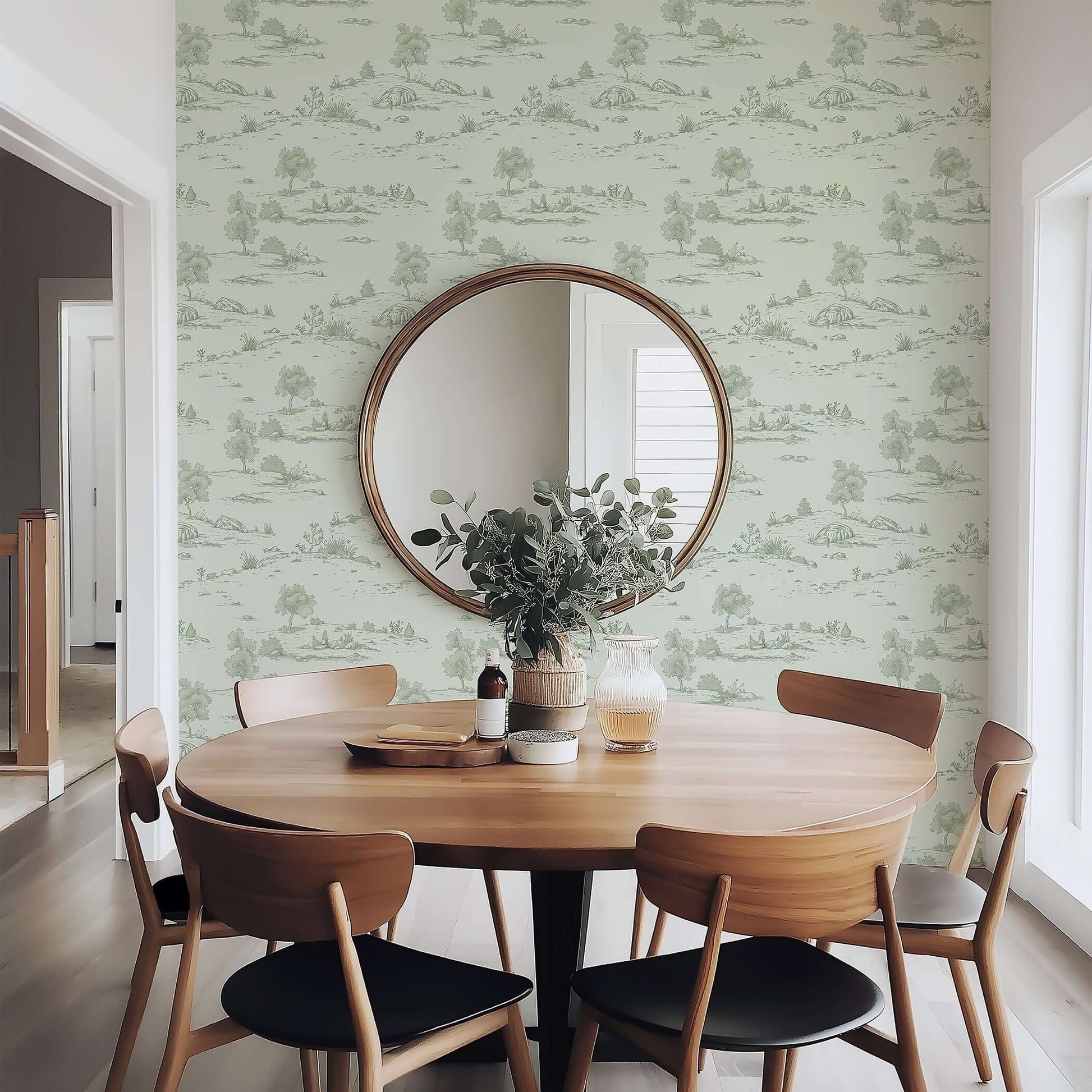 Dining room with Lush Pastoral Toile wallpaper showcasing French toile landscape in soft green hues, enhancing vintage charm.