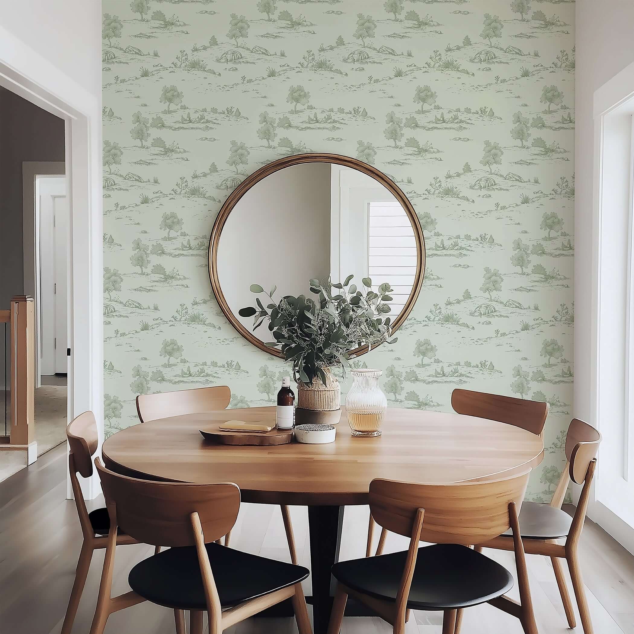 Dining room with Lush Pastoral Toile wallpaper showcasing French toile landscape in soft green hues, enhancing vintage charm.