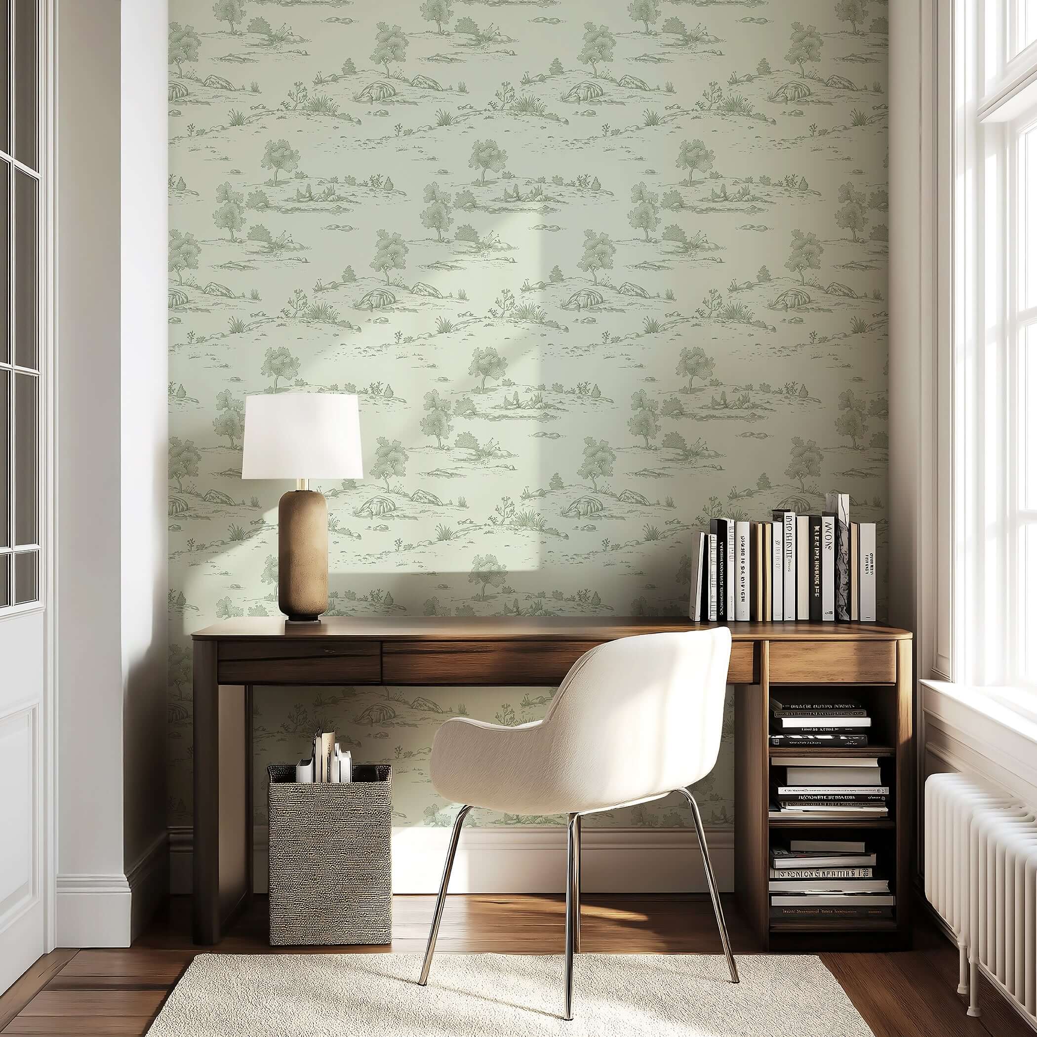 Luxurious room with "Lush Pastoral Toile" wallpaper in serene green tones, featuring French toile landscape design, perfect for accent walls.