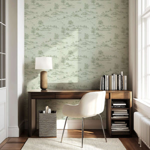 Luxurious room with "Lush Pastoral Toile" wallpaper in serene green tones, featuring French toile landscape design, perfect for accent walls.