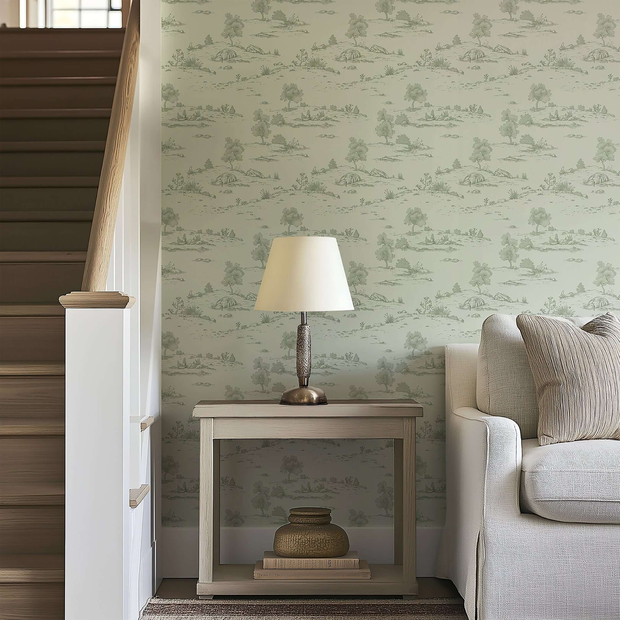 Elegant room with lush pastoral toile wallpaper depicting serene french toile landscape in soft green tones.