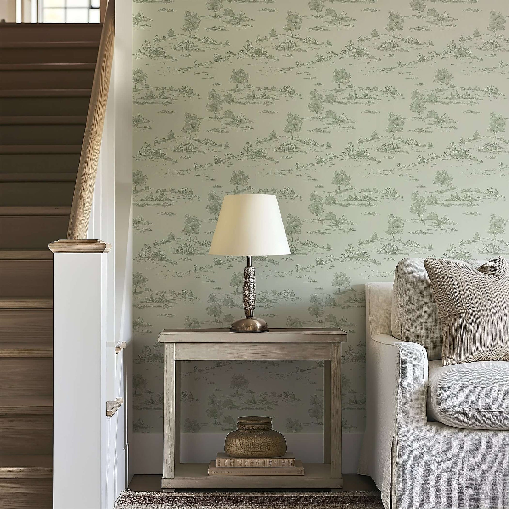 Elegant room with lush pastoral toile wallpaper depicting serene french toile landscape in soft green tones.