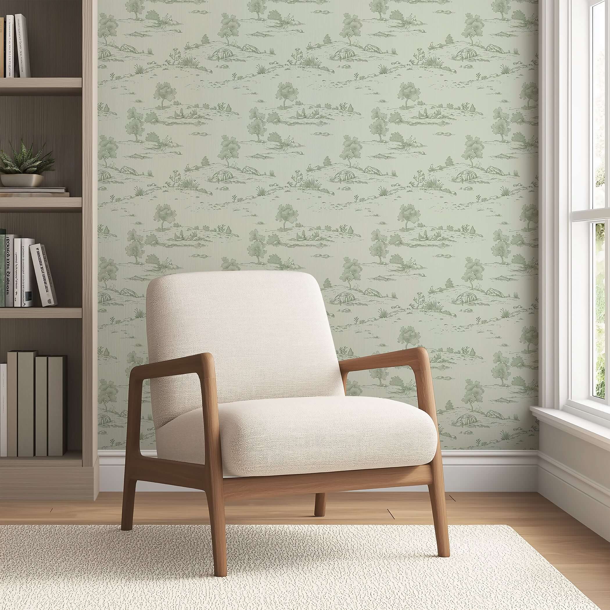 Elegant room with Lush Pastoral Toile wallpaper featuring soft green tones and French toile landscape design behind a modern chair.