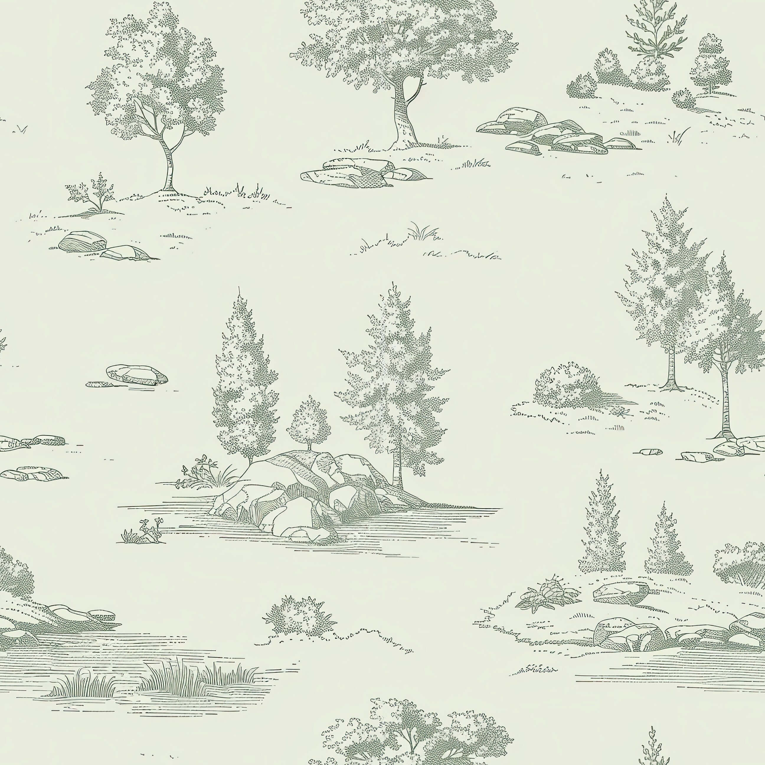 Lush Pastoral Toile II wallpaper featuring soft green French toile landscape with trees and streams on a pale background.