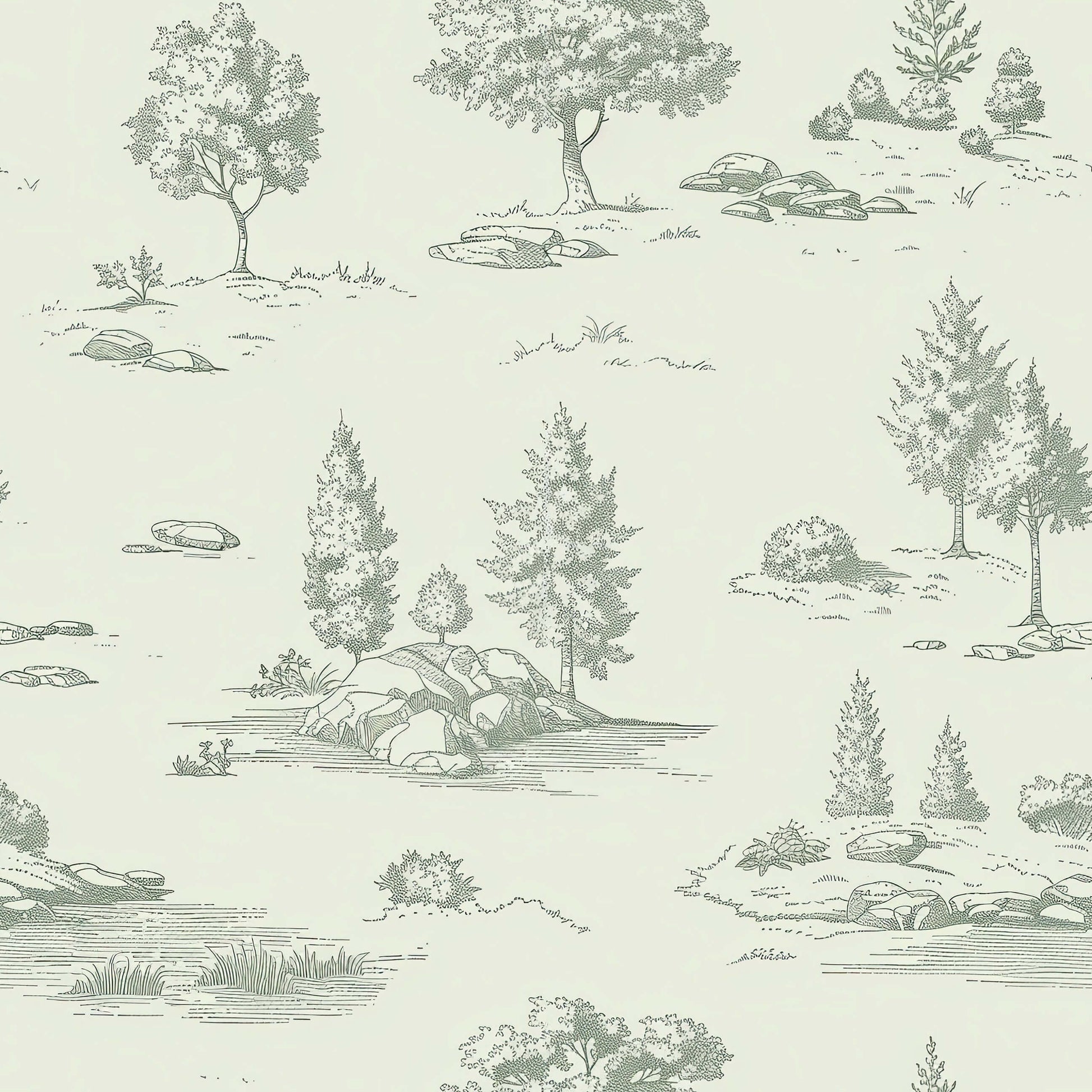 Lush Pastoral Toile II wallpaper featuring soft green French toile landscape with trees and streams on a pale background.