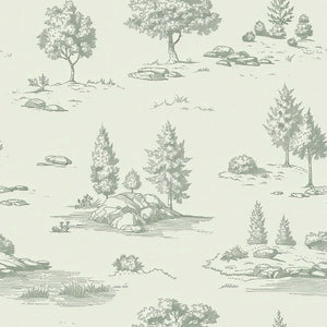 Lush Pastoral Toile II wallpaper featuring soft green French toile landscape with trees and streams on a pale background.