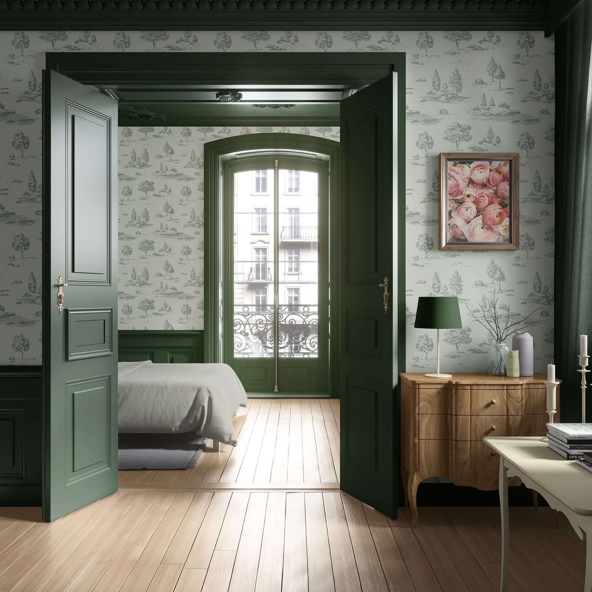 Lush Pastoral Toile II Wallpaper in a bedroom with green trim, wooden floors, and a blend of French toile and countryside landscape designs.