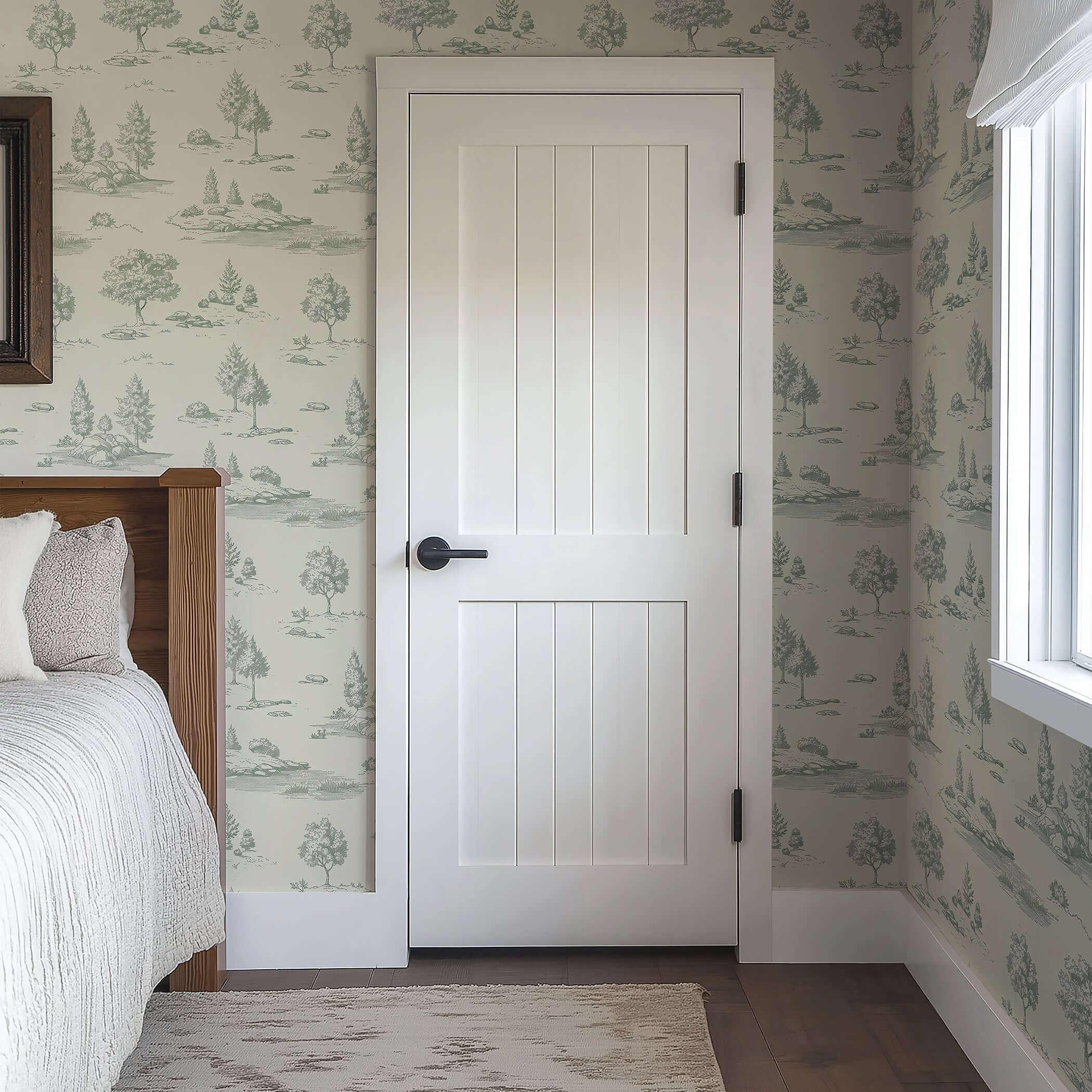 Bedroom with Lush Pastoral Toile II Wallpaper featuring green French toile landscape on pale walls behind a white door.