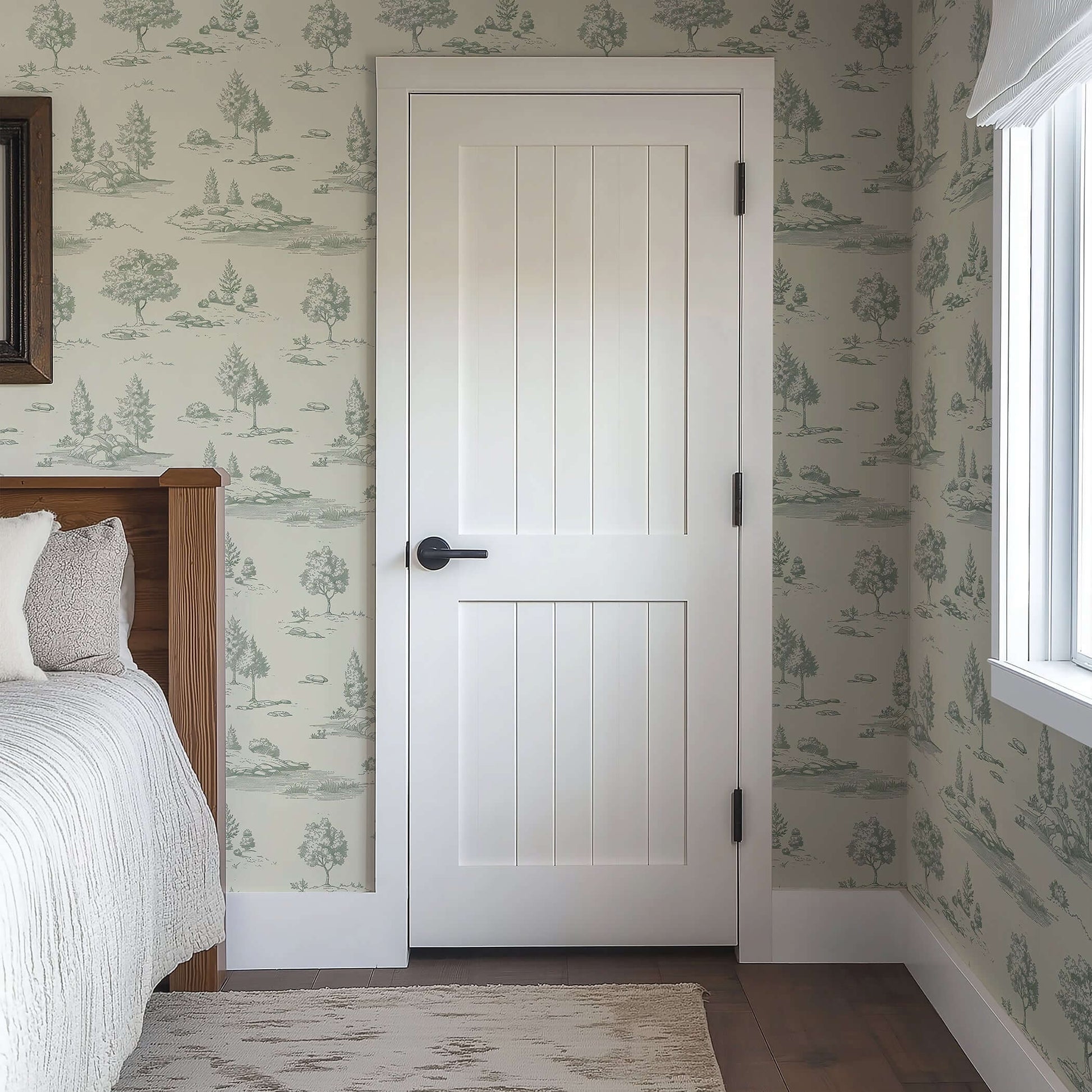 Bedroom with Lush Pastoral Toile II Wallpaper featuring green French toile landscape on pale walls behind a white door.