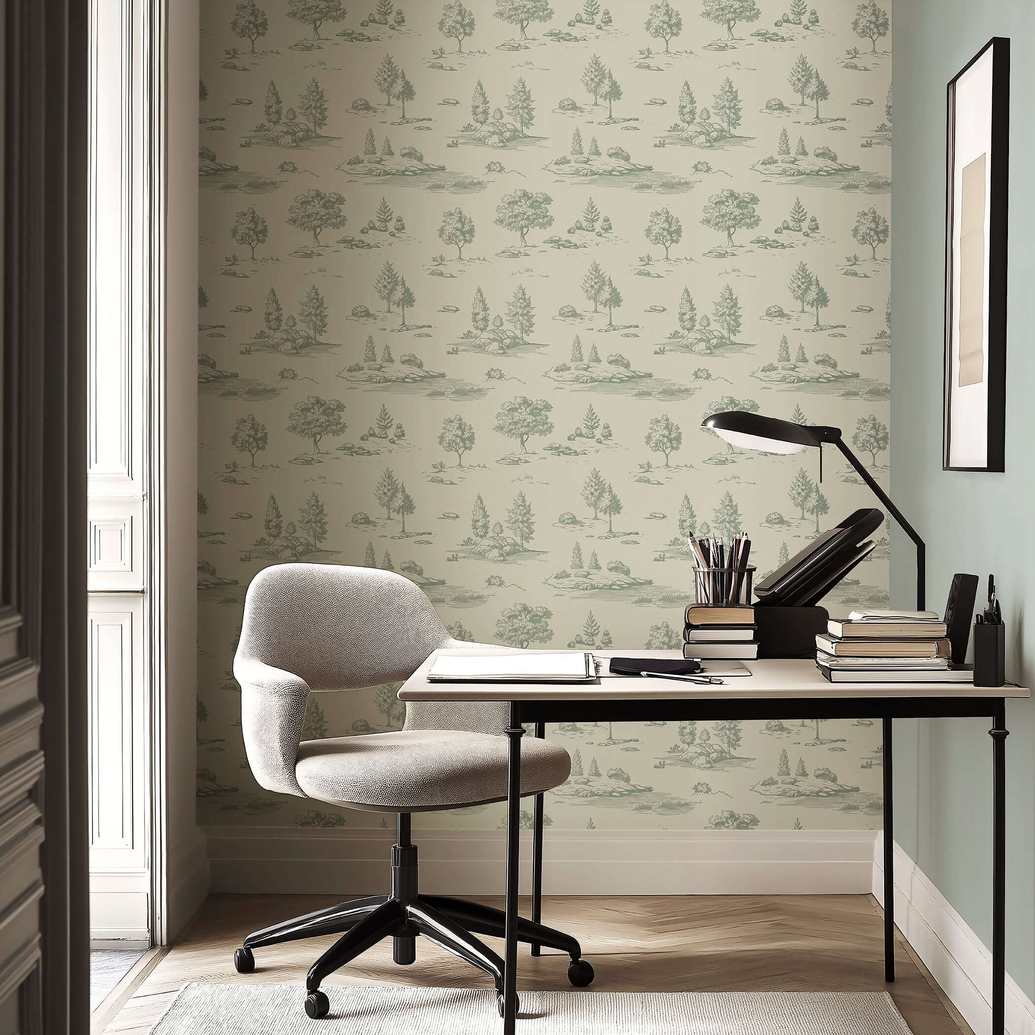 Home office with Lush Pastoral Toile II wallpaper featuring green pastoral landscapes, creating a serene French toile-inspired decor.