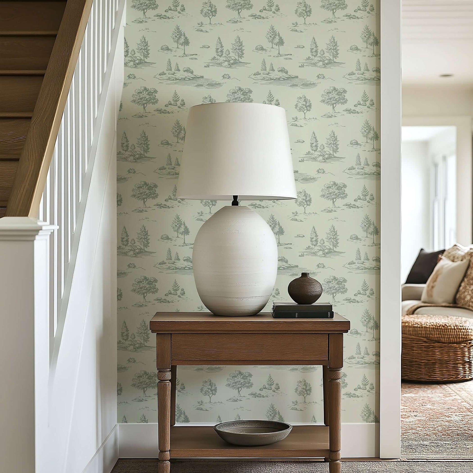 French toile wallpaper with pastoral landscape scene in entryway, featuring trees and meadows, complemented by a lamp and table.