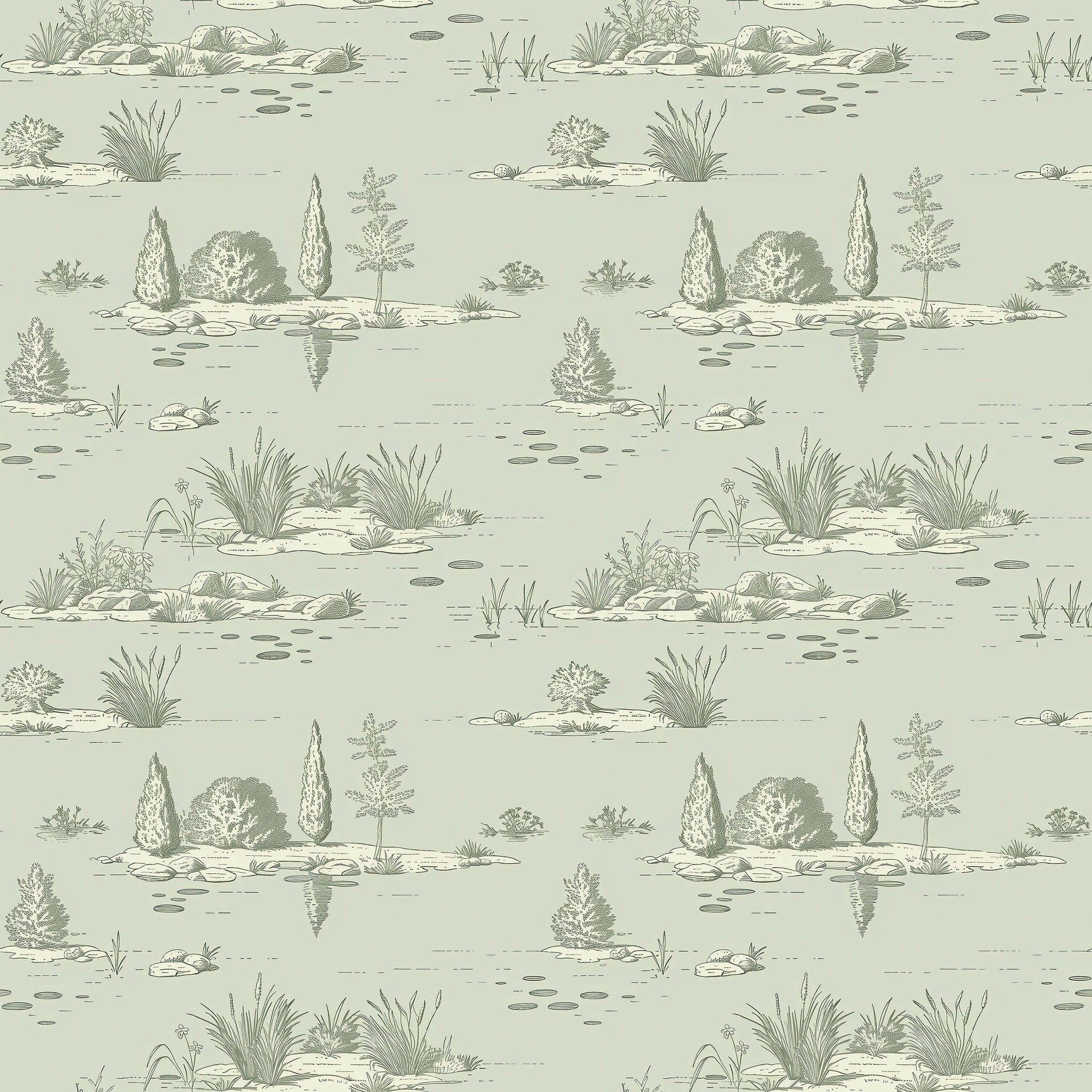 Sophisticated toile-style wallpaper depicting tranquil pondside plants and landscapes in sage green. Perfect for elegant interiors.