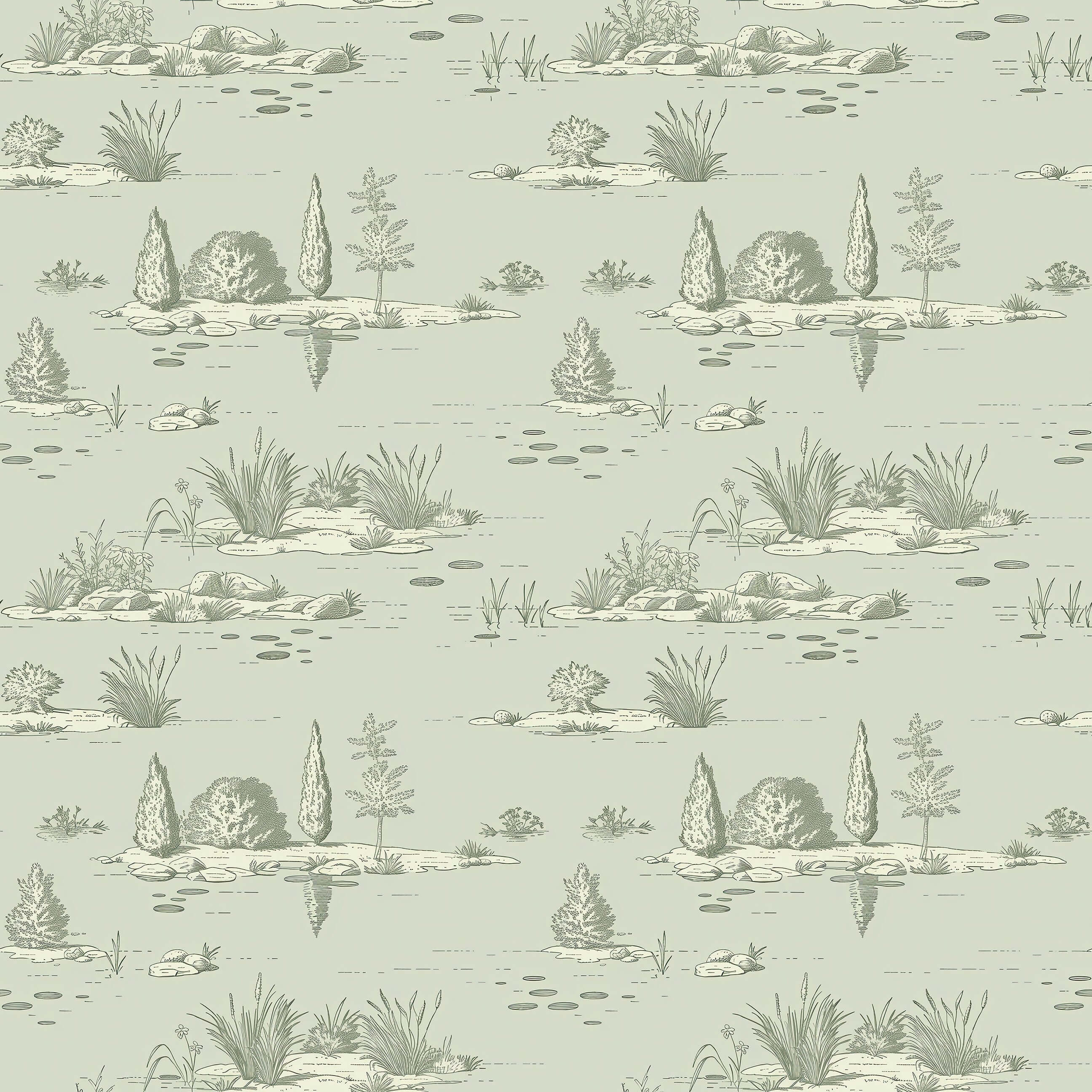 Sophisticated toile-style wallpaper depicting tranquil pondside plants and landscapes in sage green. Perfect for elegant interiors.
