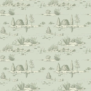 Sophisticated toile-style wallpaper depicting tranquil pondside plants and landscapes in sage green. Perfect for elegant interiors.