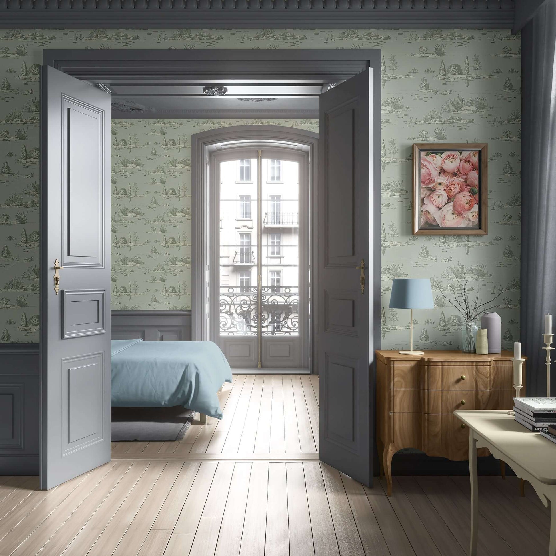 Elegant bedroom featuring Reflections of Nature wallpaper, showcasing a sage green toile landscape with calm waters and plants.