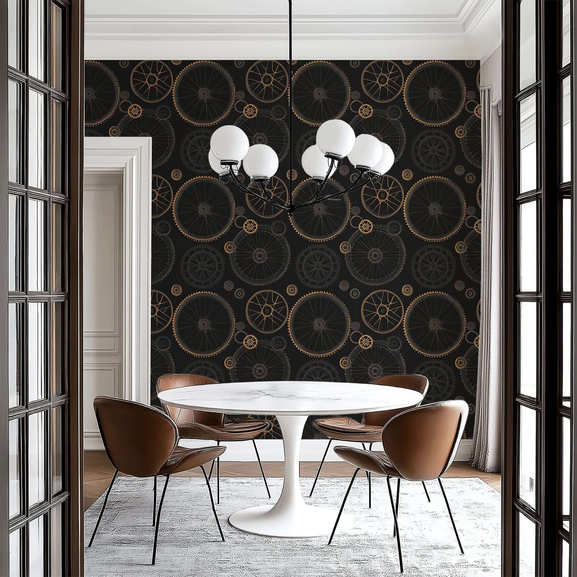 Vintage Gearworks wallpaper featuring brass and charcoal clockwork gears, ideal for modern design with wheels and geometric elements.