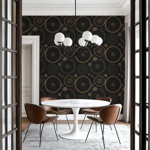 Vintage Gearworks wallpaper featuring brass and charcoal clockwork gears, ideal for modern design with wheels and geometric elements.