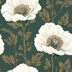 Vintage Poppy Charm wallpaper with ivory poppies and gold twigs on dark green, showcasing vintage botanical elegance.