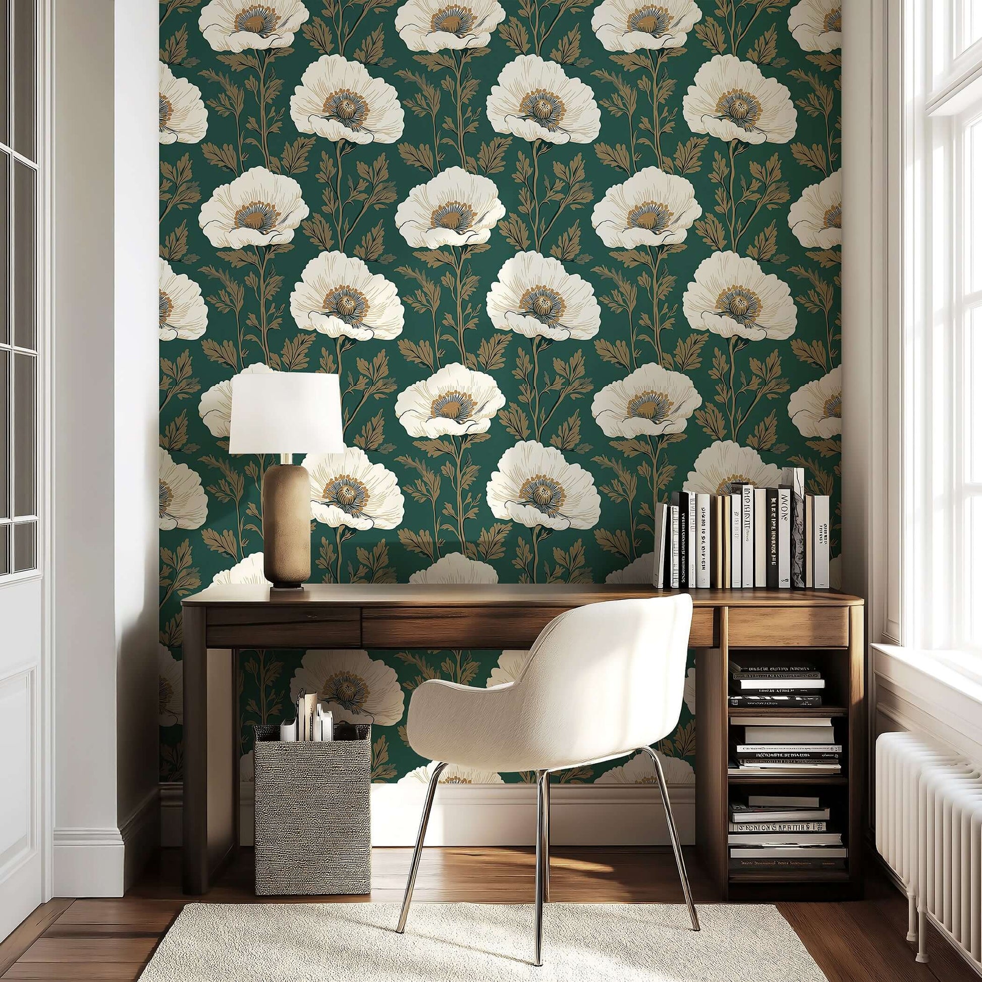 Vintage poppy charm wallpaper with ivory poppies and gold twigs on a dark green background in an elegant home office setting.