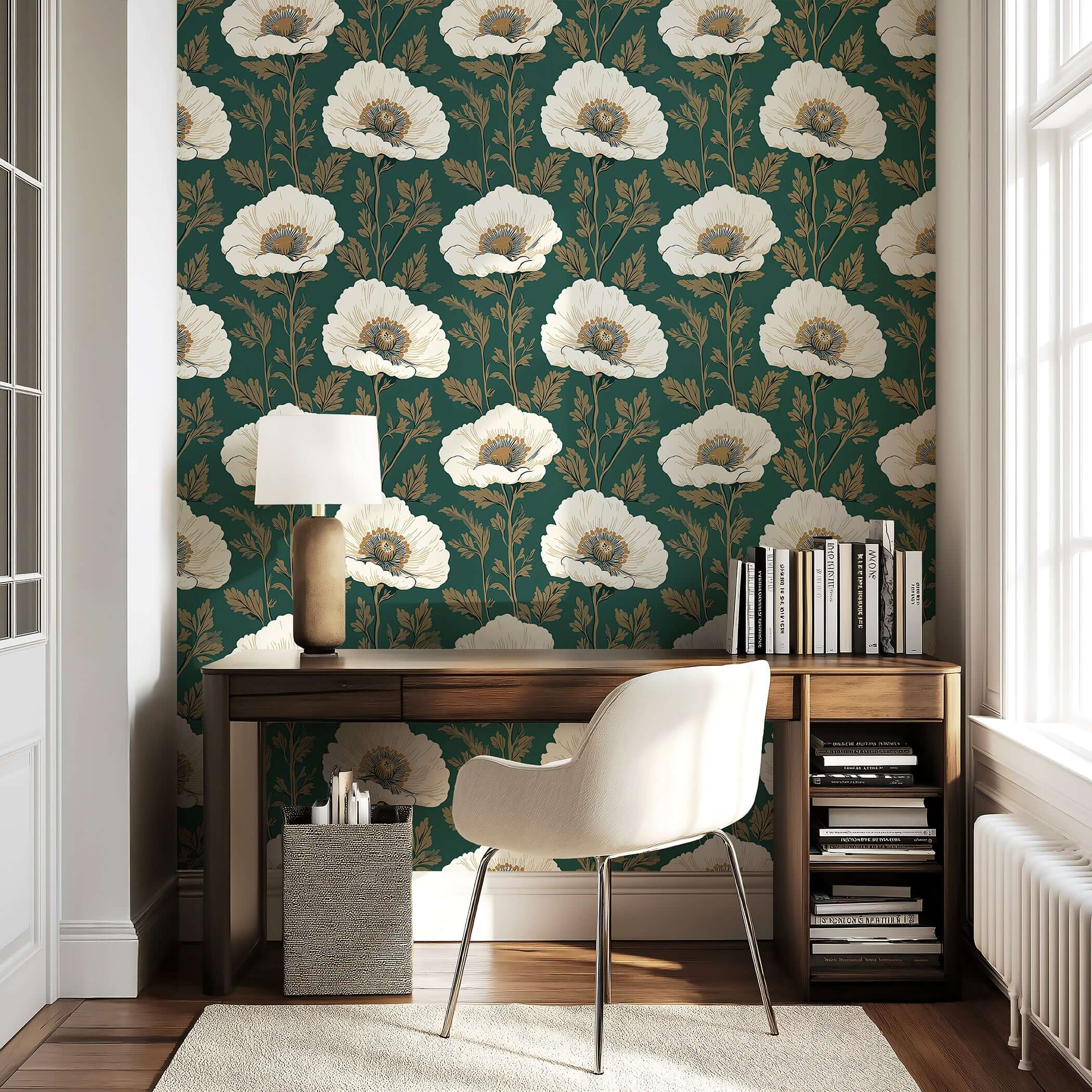 Vintage poppy charm wallpaper with ivory poppies and gold twigs on a dark green background in an elegant home office setting.