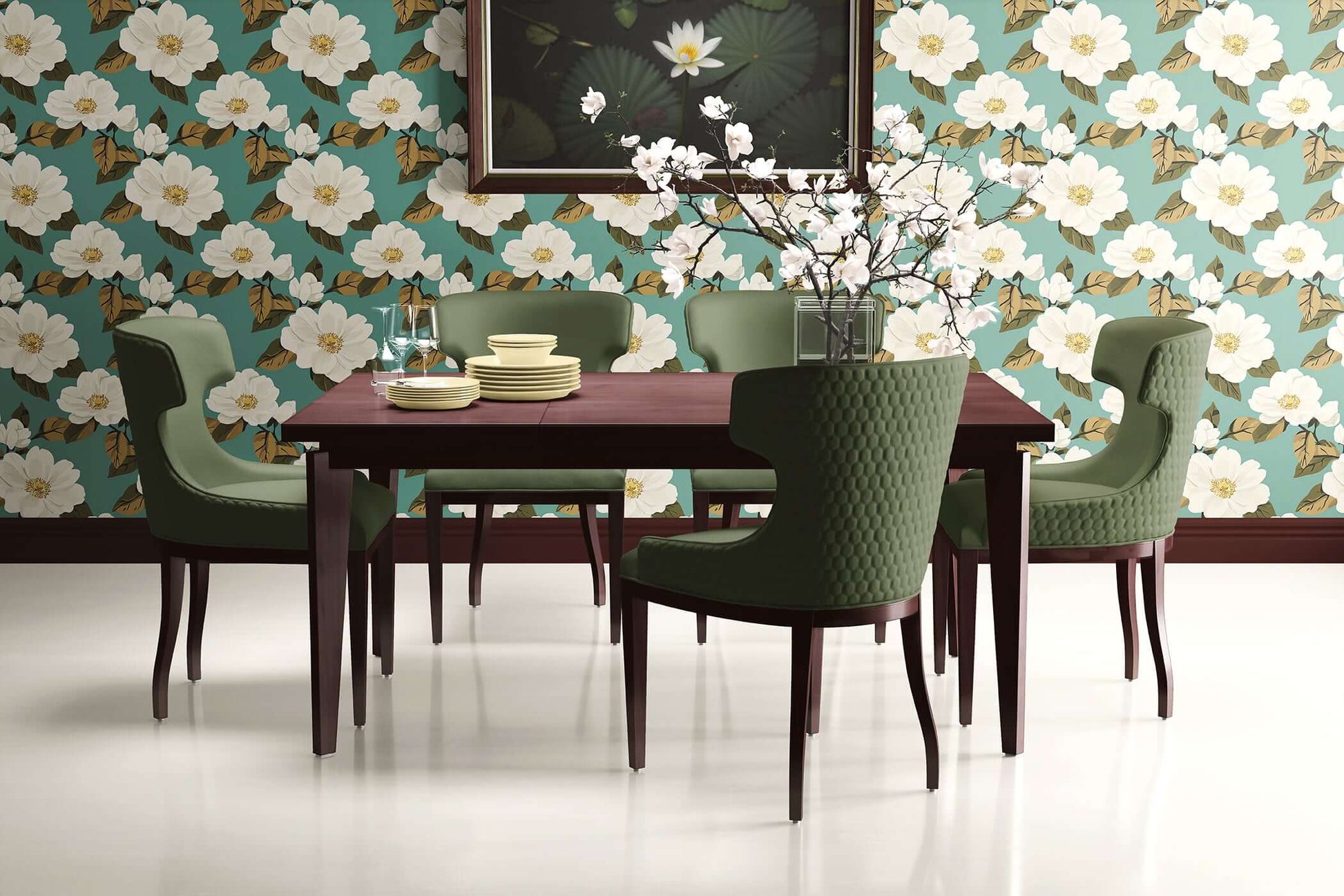 Elegant dining room with Magnolia Bliss wallpaper, featuring white magnolias on teal, green chairs, and dark wood table.
