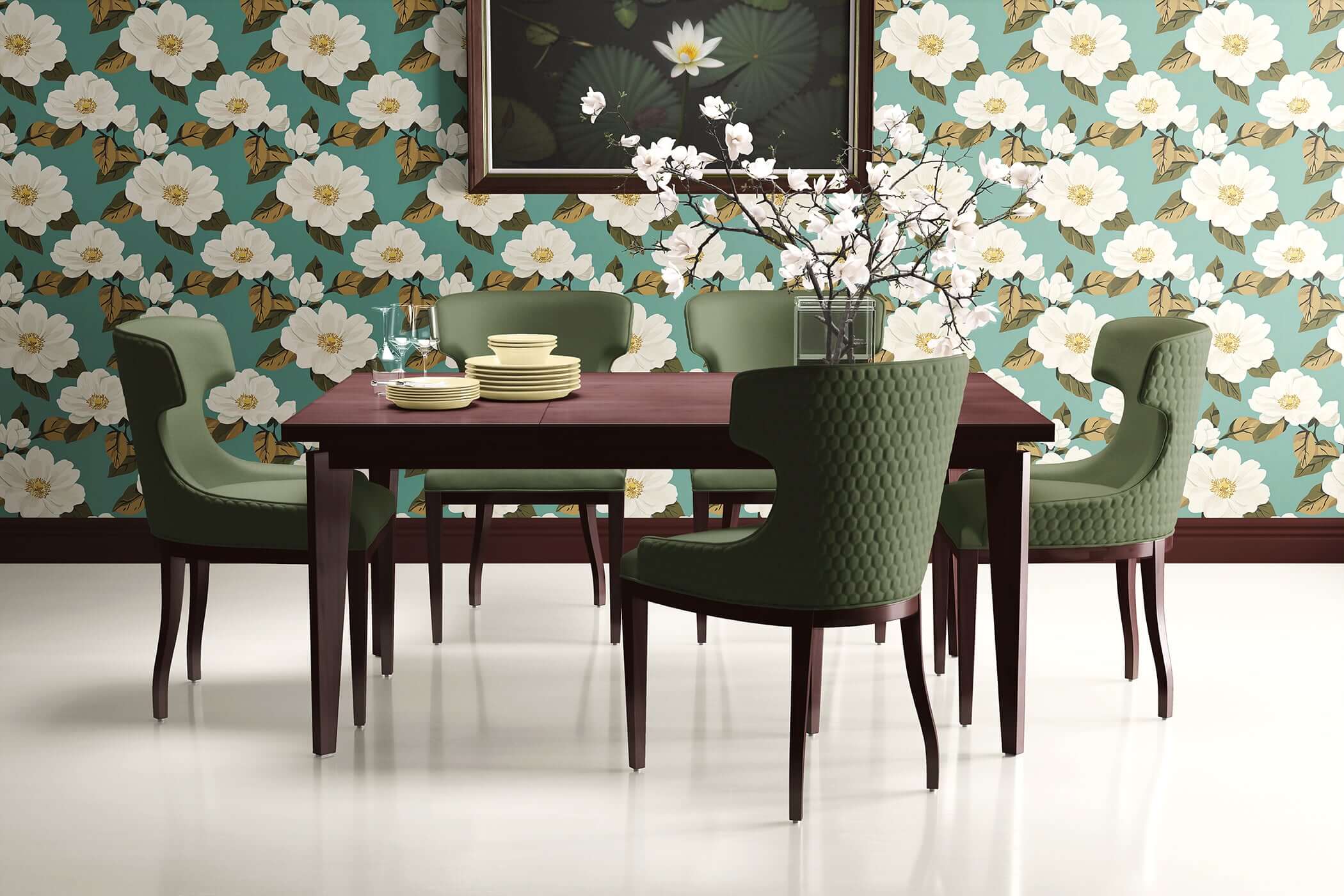 Elegant dining room with Magnolia Bliss wallpaper, featuring white magnolias on teal, green chairs, and dark wood table.