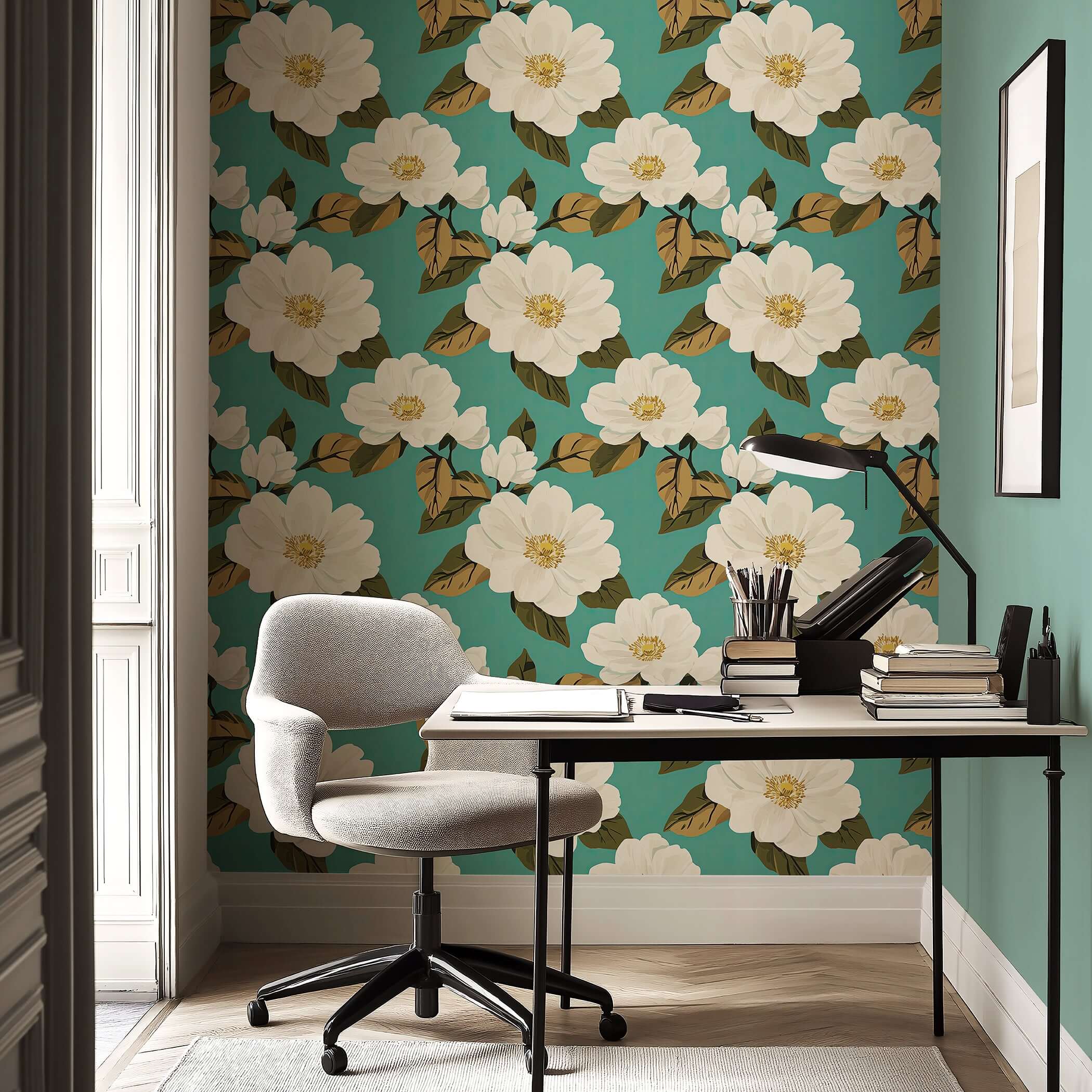 Magnolia Bliss wallpaper featuring white magnolias and vintage design on teal background with green and golden-brown leaves in home office.