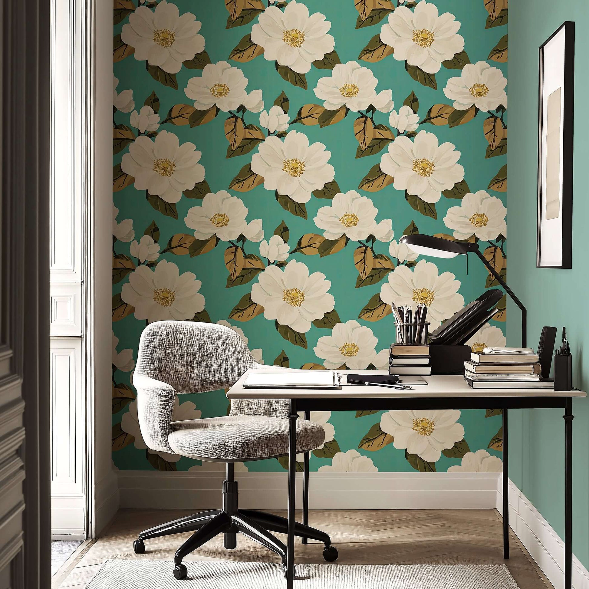 Magnolia Bliss wallpaper featuring white magnolias and vintage design on teal background with green and golden-brown leaves in home office.