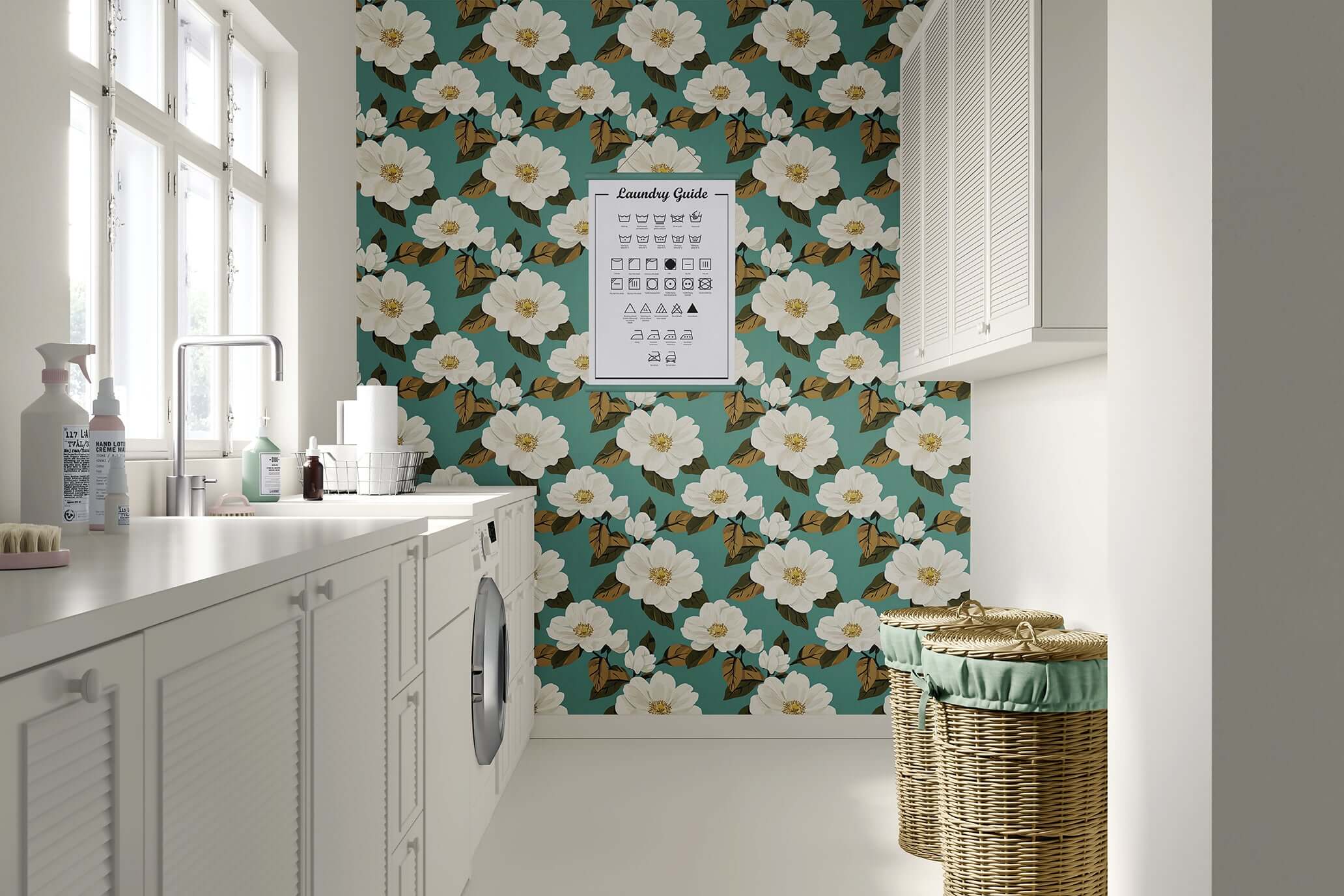 Magnolia Bliss wallpaper with creamy white magnolias on teal backdrop in laundry room; elegant vintage botanical design.