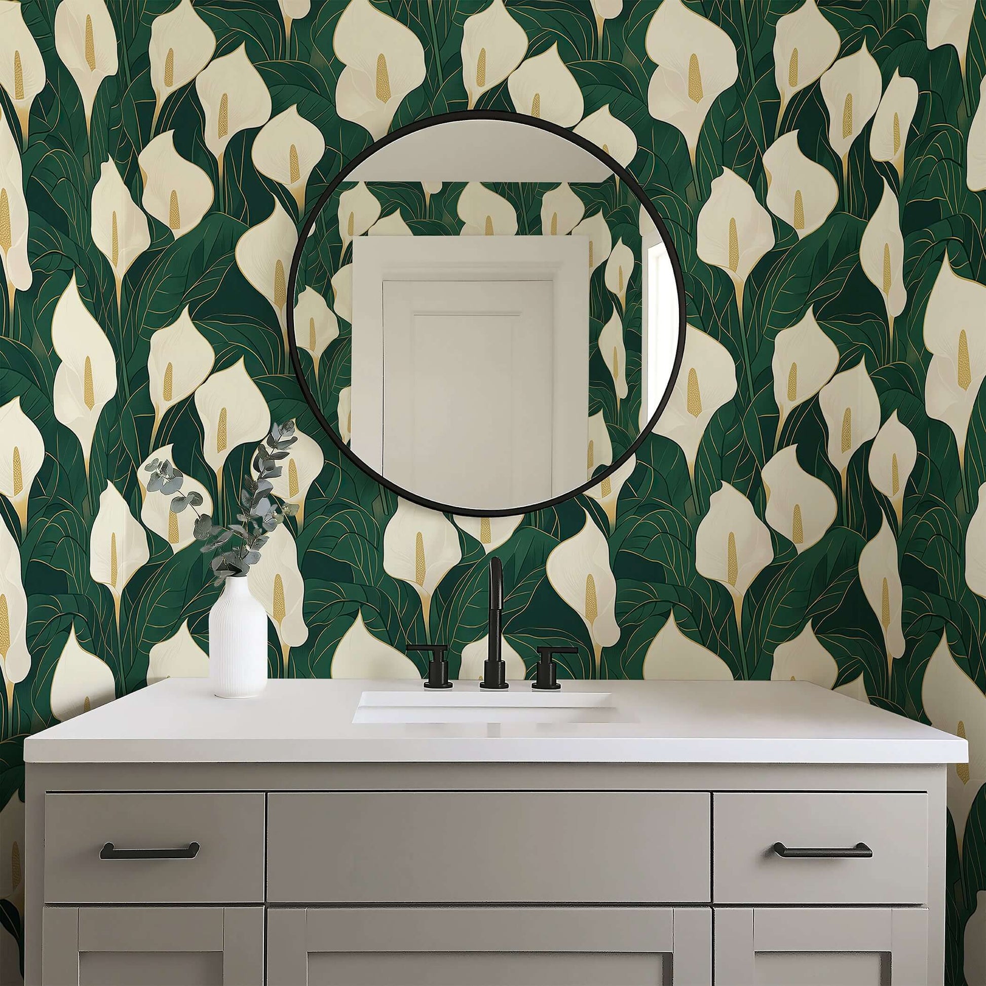 Opulent Calla Lilies Wallpaper with ivory and gold details on emerald green, highlighting a modern design for contemporary spaces.