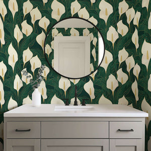 Opulent Calla Lilies Wallpaper with ivory and gold details on emerald green, highlighting a modern design for contemporary spaces.