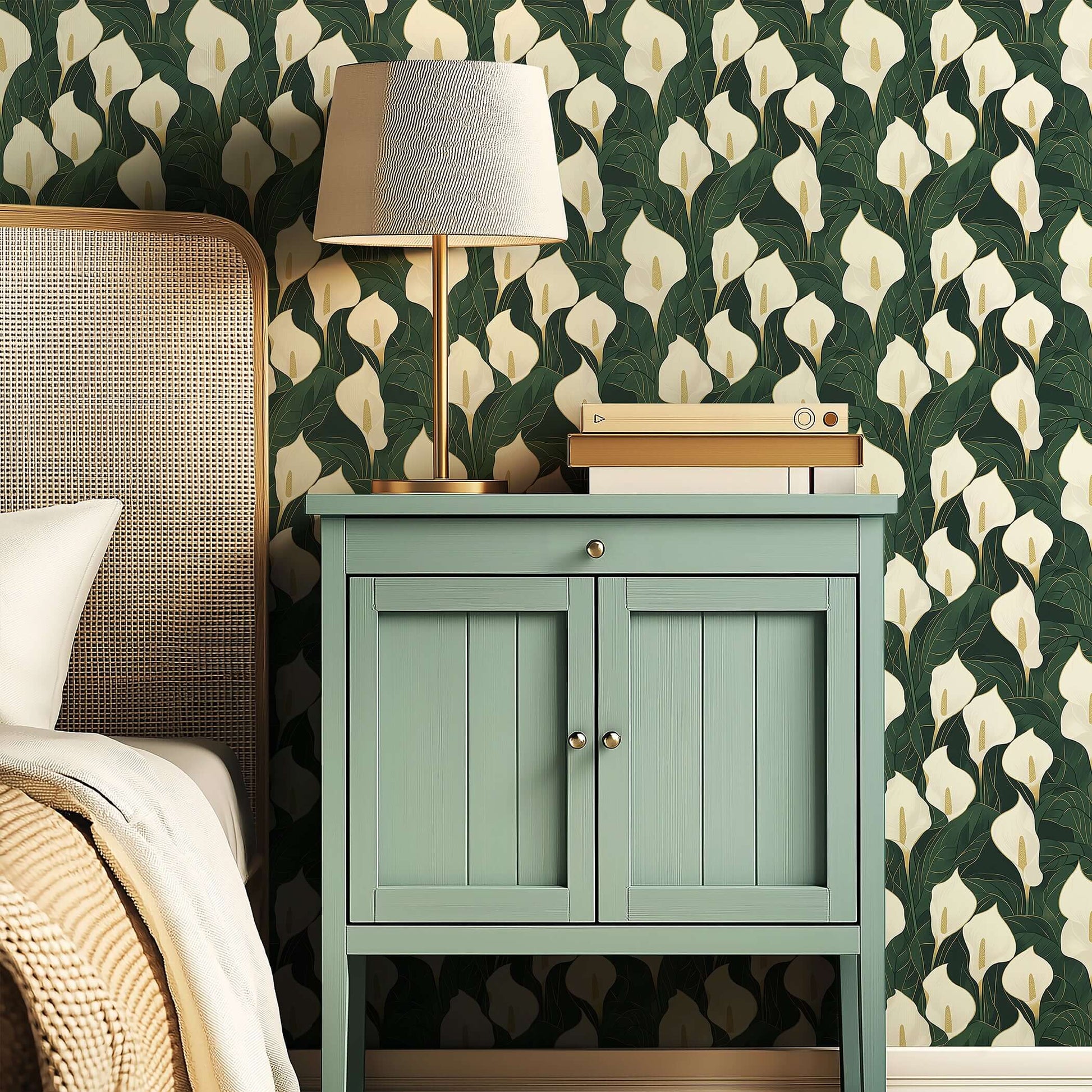 Luxurious bedroom featuring Opulent Calla Lilies wallpaper with ivory flowers and emerald background, modern contemporary design.