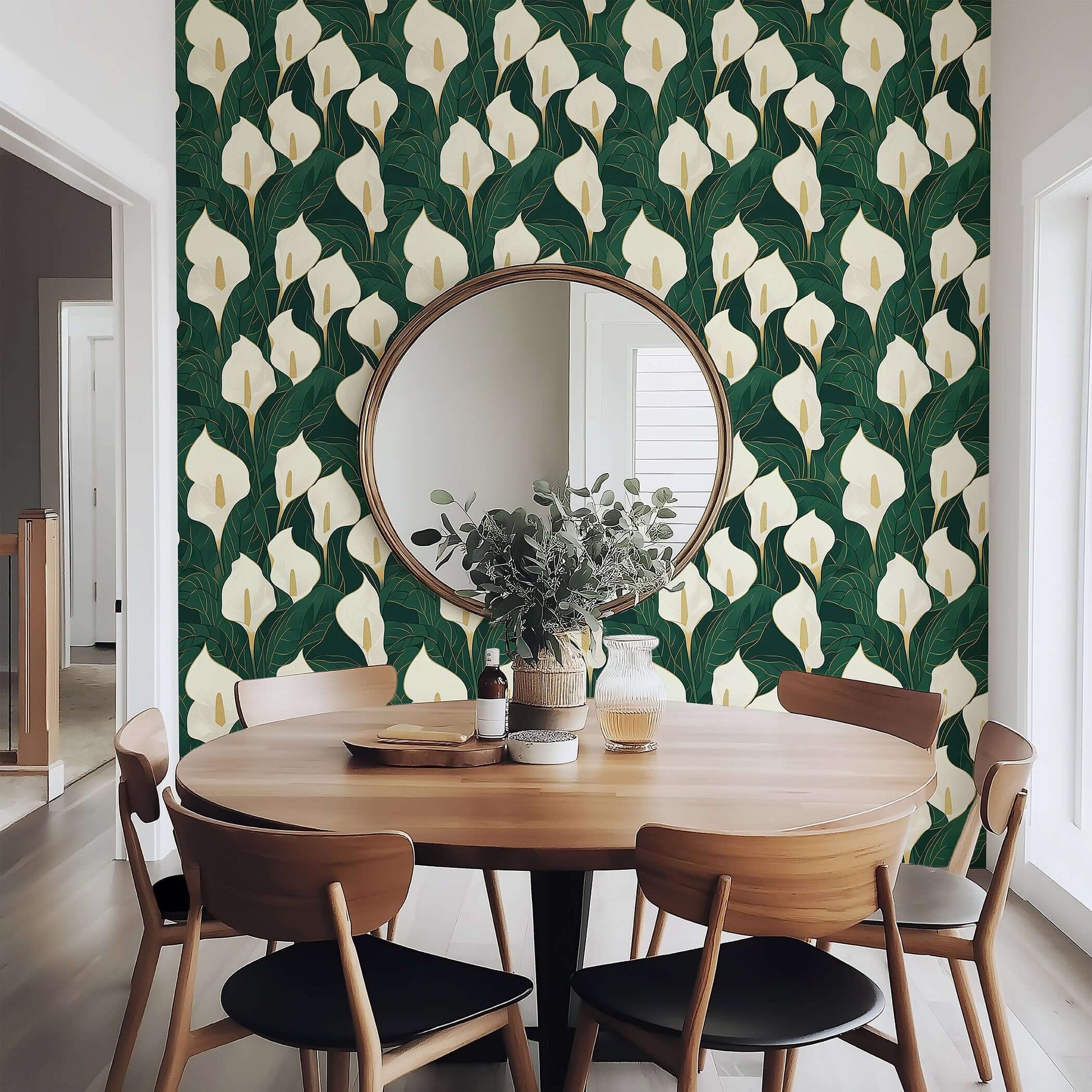 Opulent Calla Lilies wallpaper featuring ivory flowers with golden accents on a deep green background; perfect for modern, contemporary decor.