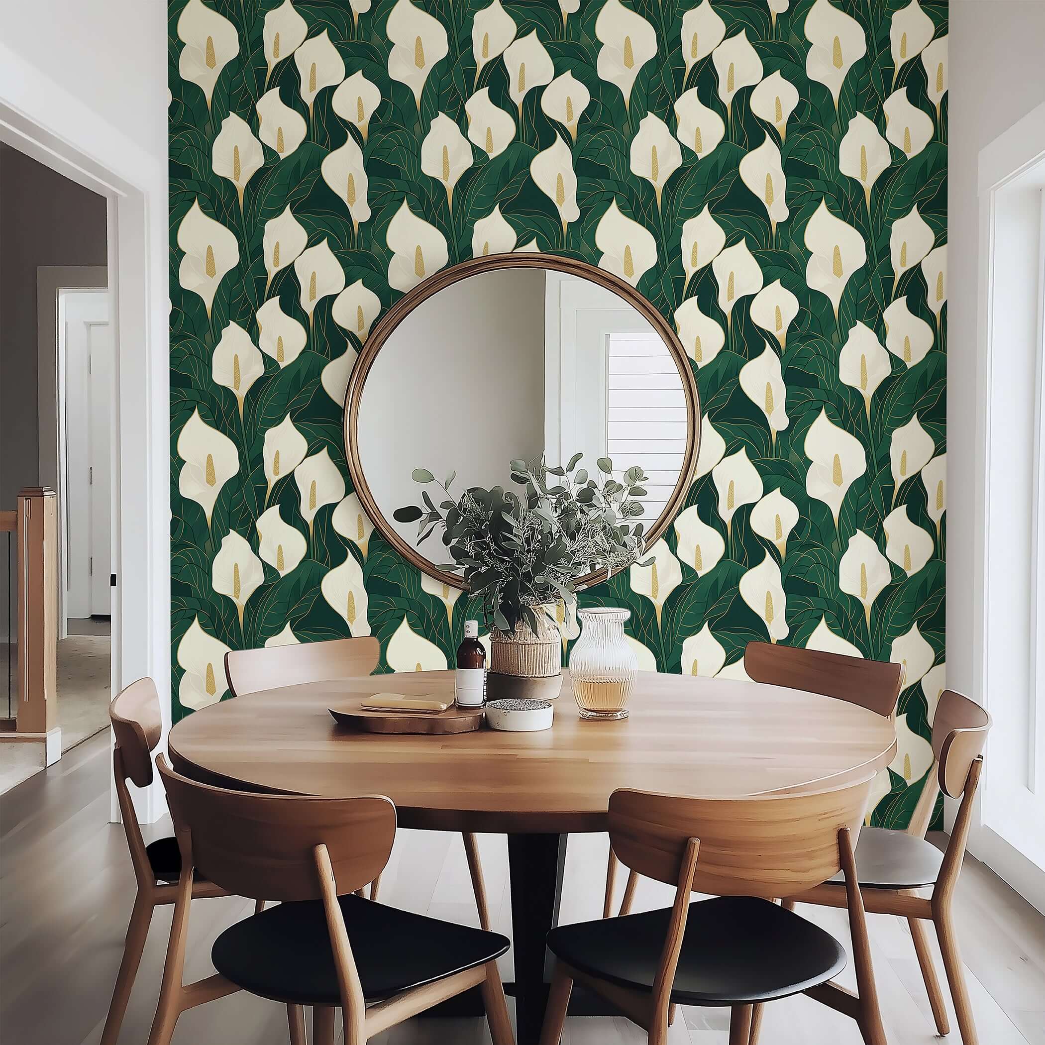 Opulent Calla Lilies wallpaper featuring ivory flowers with golden accents on a deep green background; perfect for modern, contemporary decor.
