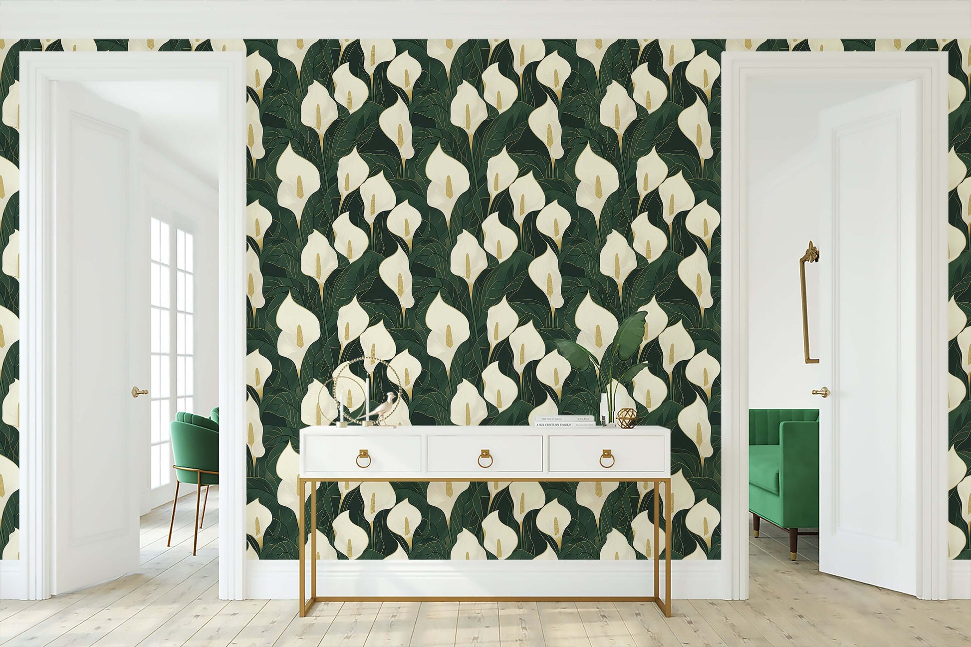 Opulent calla lilies wallpaper featuring ivory flowers and golden details on a deep green background, ideal for modern, contemporary spaces.