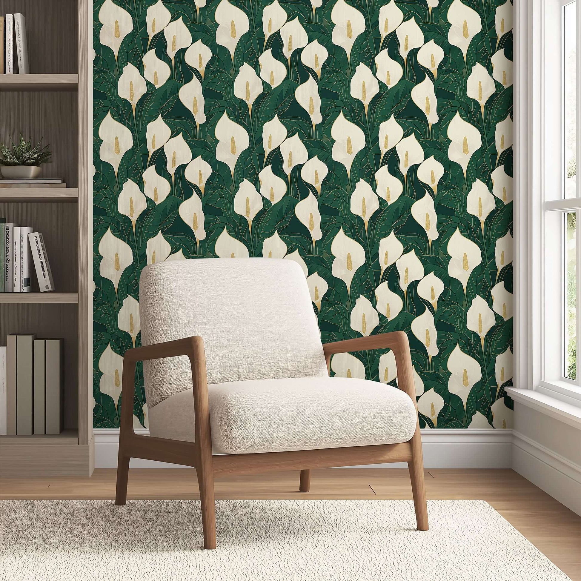 Opulent Calla Lilies wallpaper featuring ivory and gold lilies with a modern design on a deep green background behind an armchair.