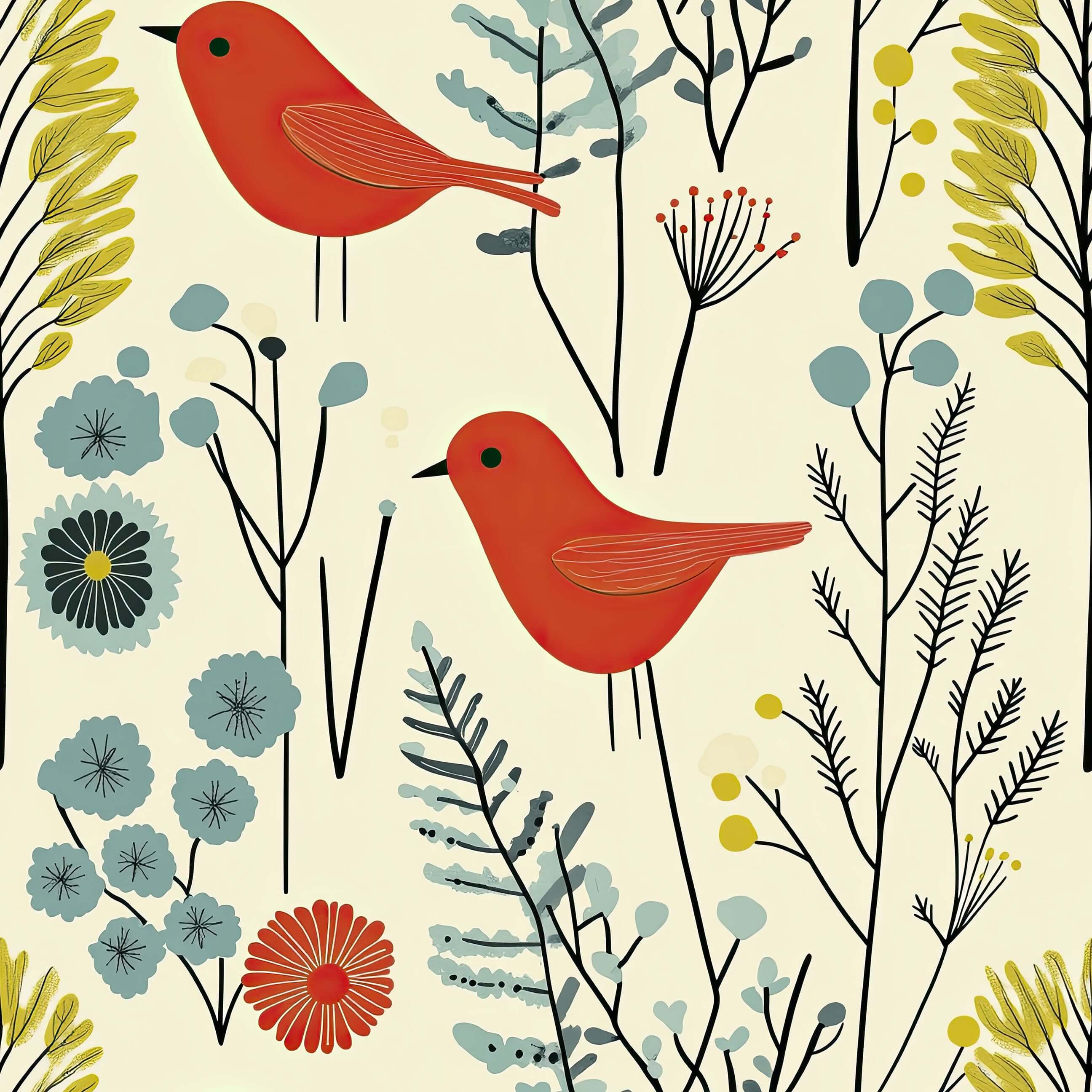 Whimsical wallpaper featuring red songbirds and colorful wildflowers, blending modern design with flowers and birds for a lively décor.