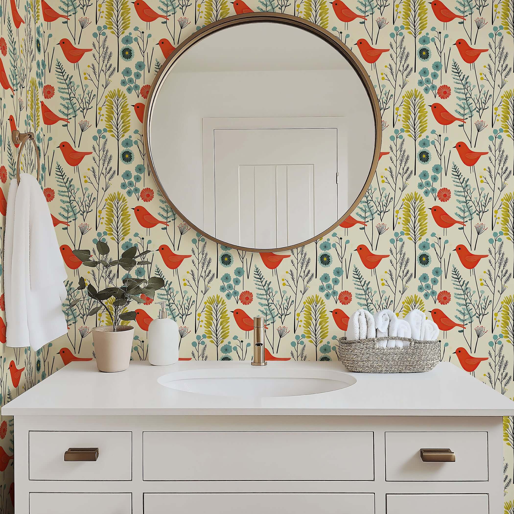 Bathroom with "Wildflower Melody" wallpaper featuring red birds and floral patterns for a modern, nature-inspired design.