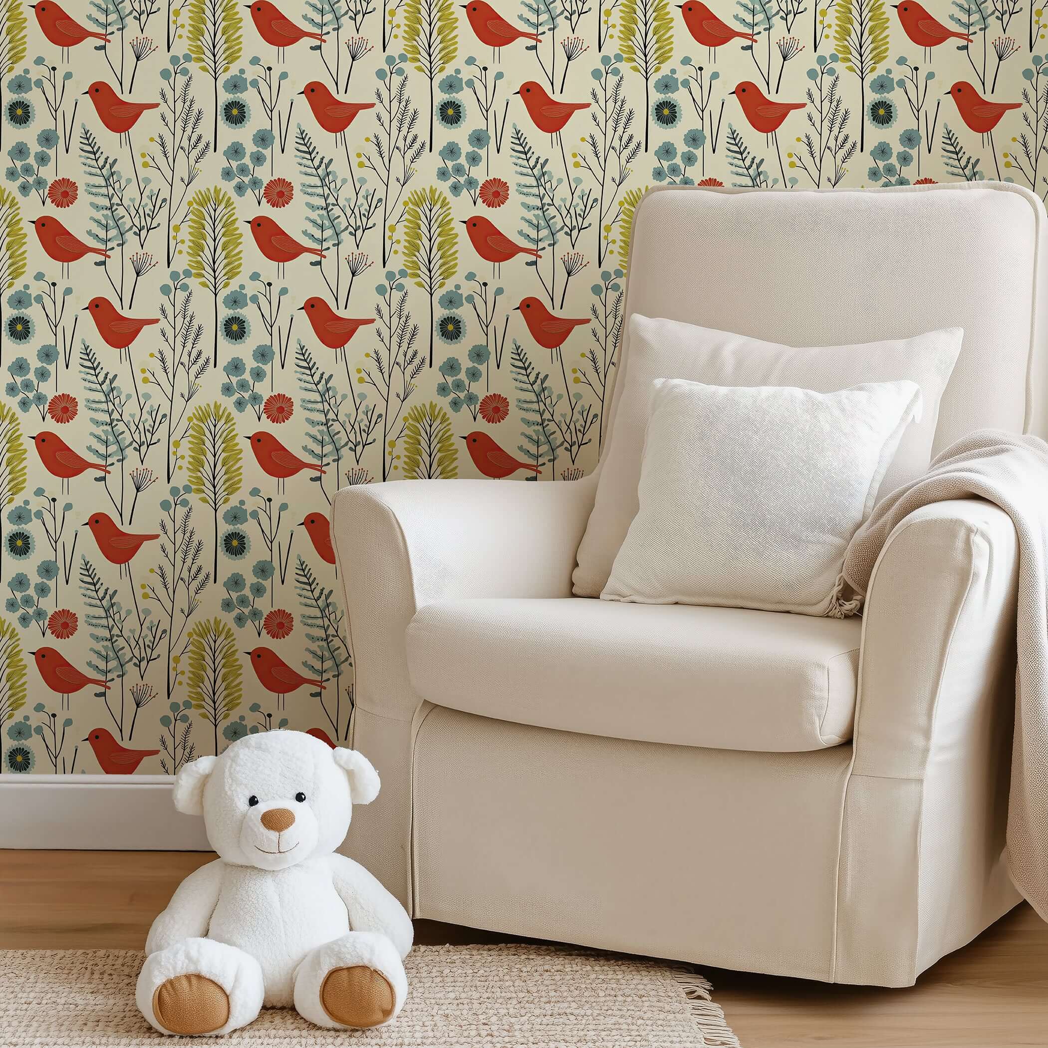 Wall with Wildflower Melody wallpaper featuring red songbirds and colorful flowers behind a cozy armchair and teddy bear. Modern design.