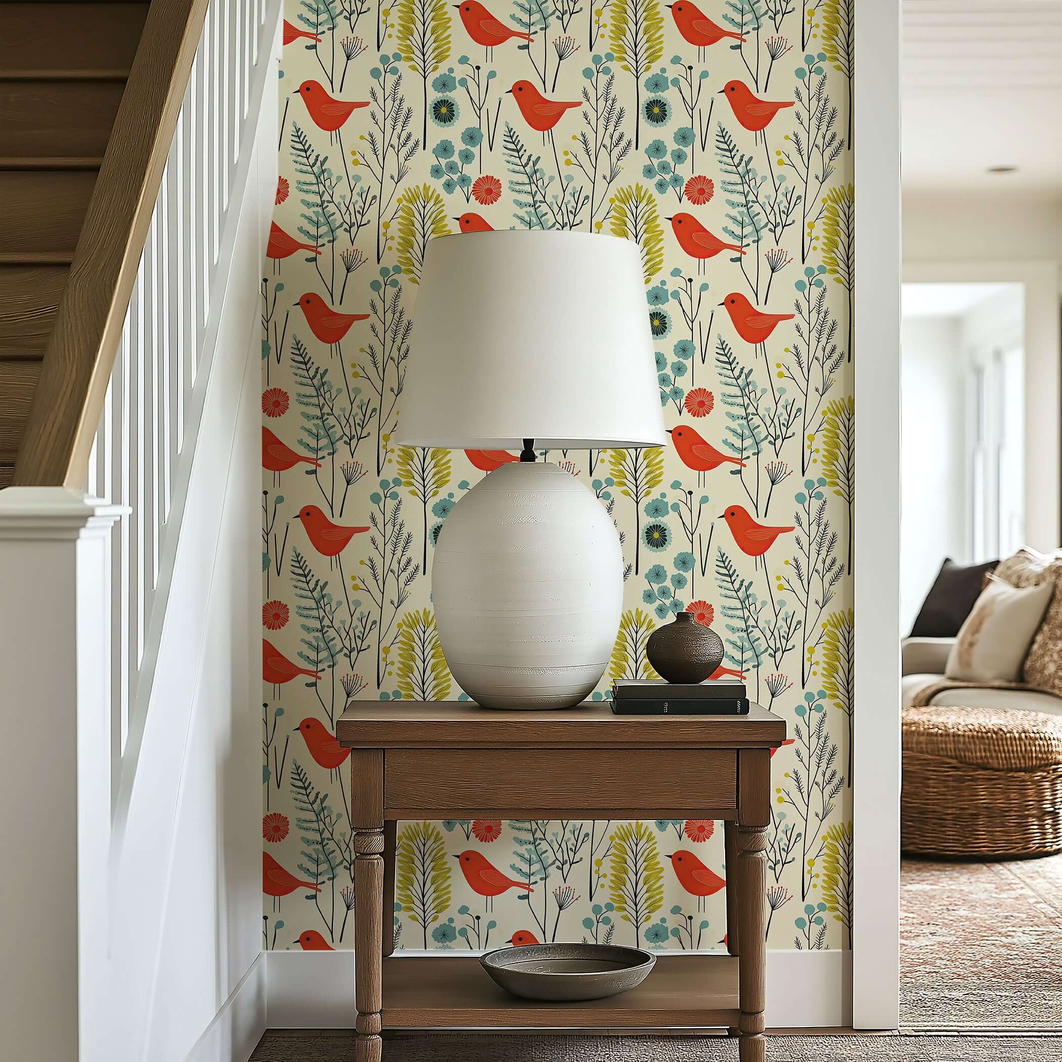 Wildflower Melody wallpaper featuring red songbirds and colorful flowers, adding modern design to home decor.