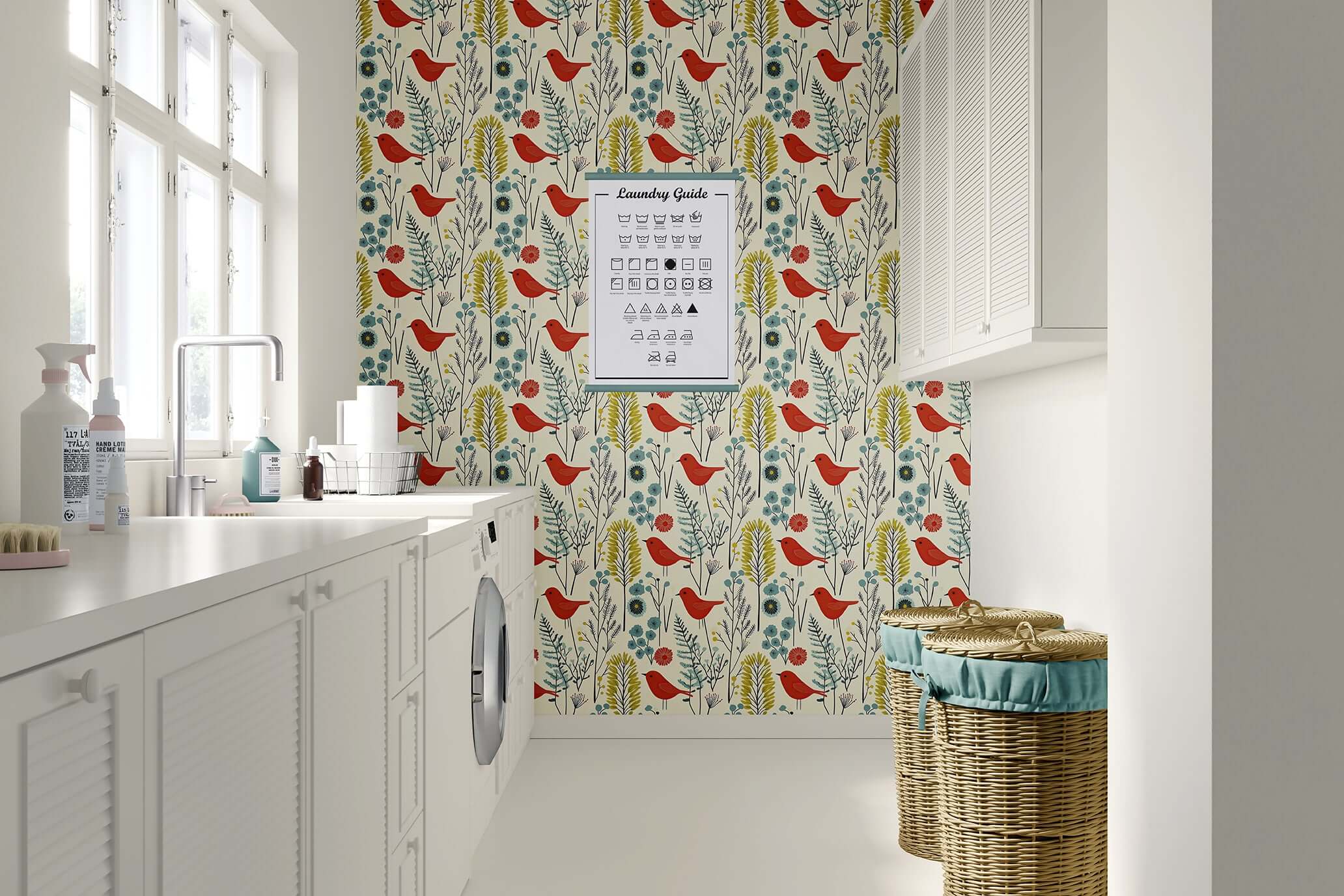 Modern wallpaper with red birds and wildflowers; brightens space with cheerful flowers and nature-inspired design.