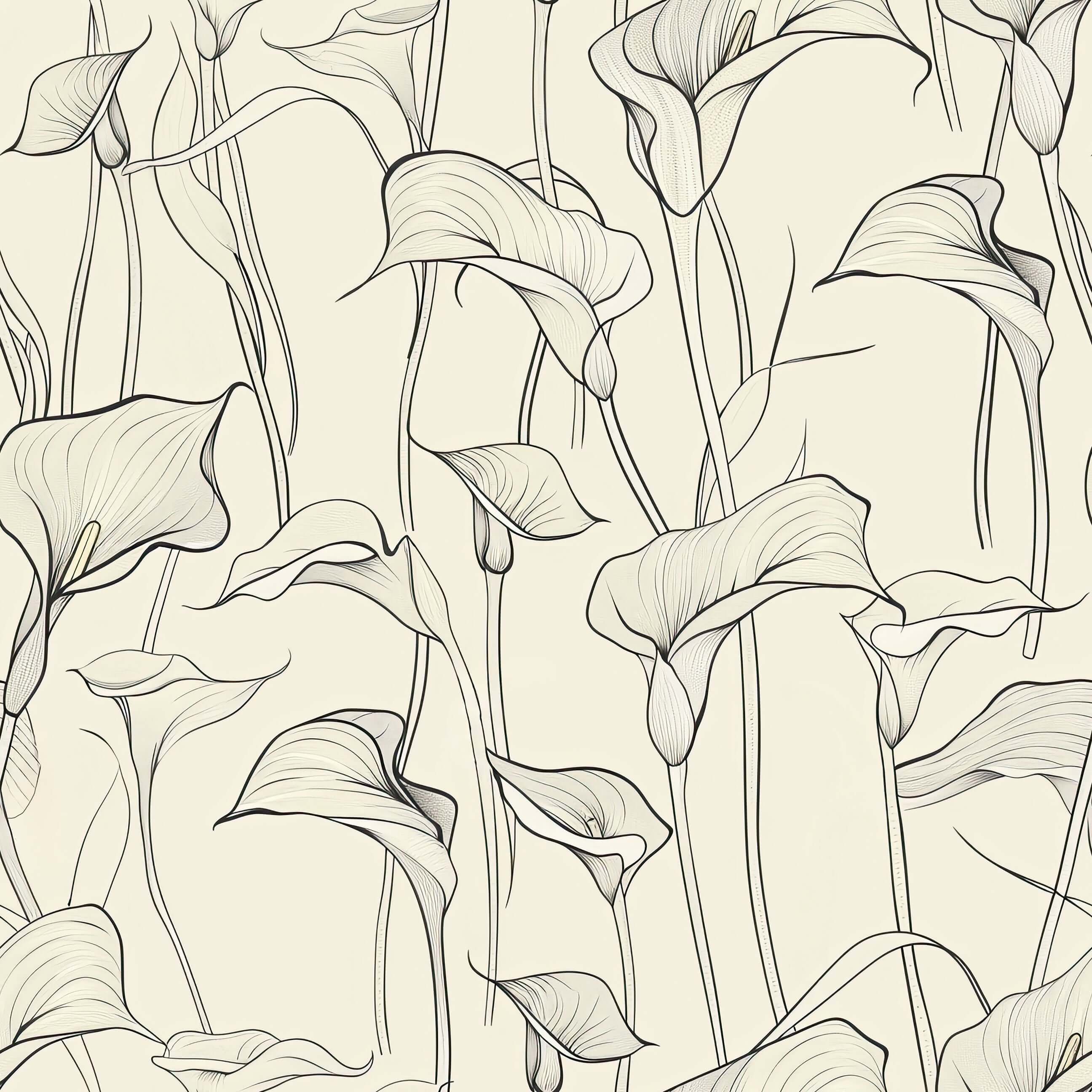 Graceful Lily Lines Wallpaper with monochrome calla lilies aligning elegantly on a warm neutral background, perfect for modern interiors.